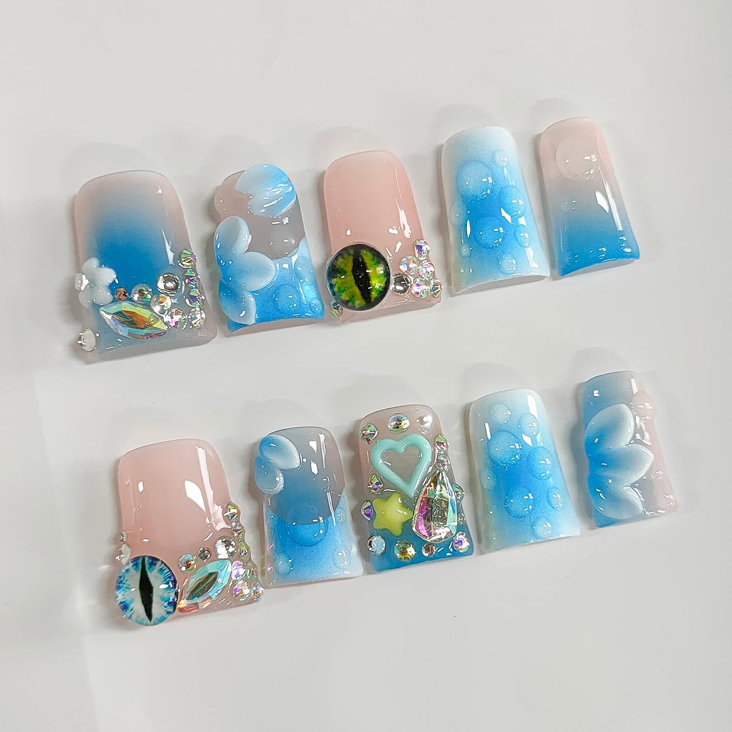 Handmade Press on Nails Short Duck 3D Floral Thick Acrylic Fake Nails French Tip False Nails with Rhinestones Flower Eyes Charms Designs Nail Blue Sturdy Art Press on Nail 10Pcs(S)