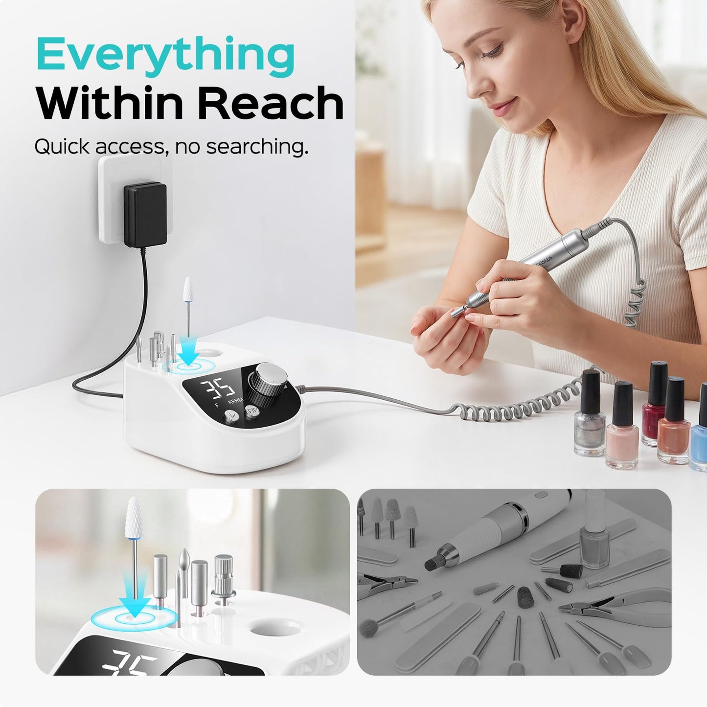 COSLUS E50 Professional Electric Nail Drill: Upgraded Steady Power with LED Display for Acrylics, Gel, Natural Nails - Easy to Use for Women, Nail Art Practice, Desktop Nail File at Home DIY or Salon