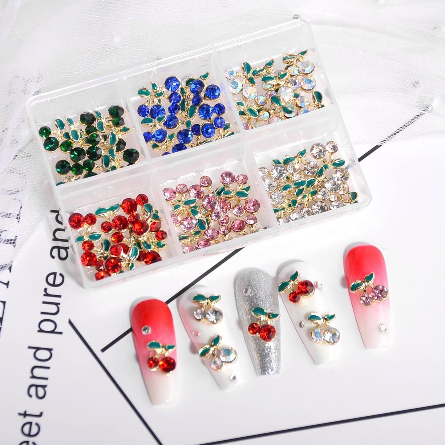 Nail Art Rhinestones Gold 3D Cherry Nail Charms, 60Pcs Cherry Crystal Diamond Fruit Charm for Nails Design Metal Alloy Rhinestone Jewelry DIY Crafts Supply(6 Colors,Cherrys)