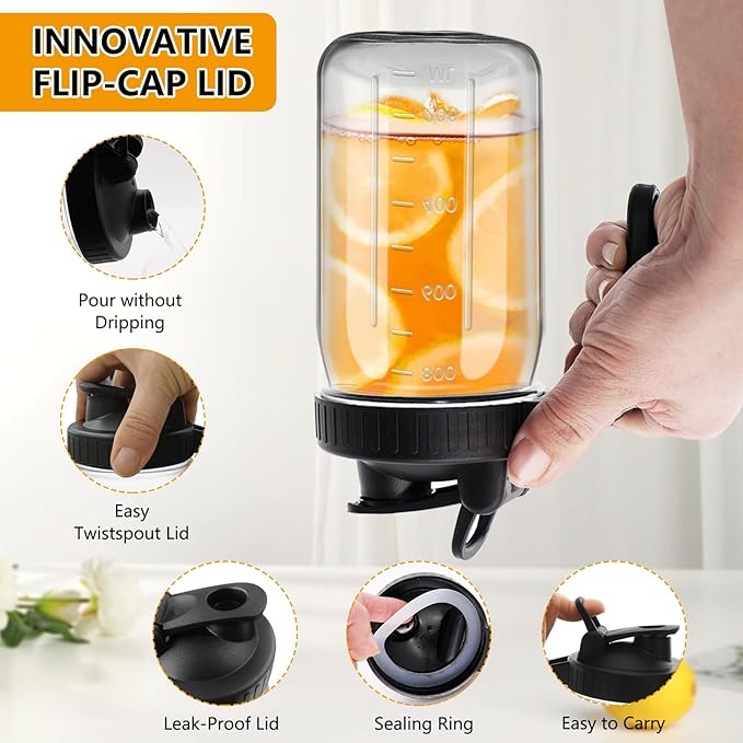1Pc Wide Mason Jar Pitcher,32oz Glass Pitcher with Lid Double Leak-proof with Handle Water Jug Wide Mouth Breast Milk Fridge Container for Water, Juice (32oz Black)