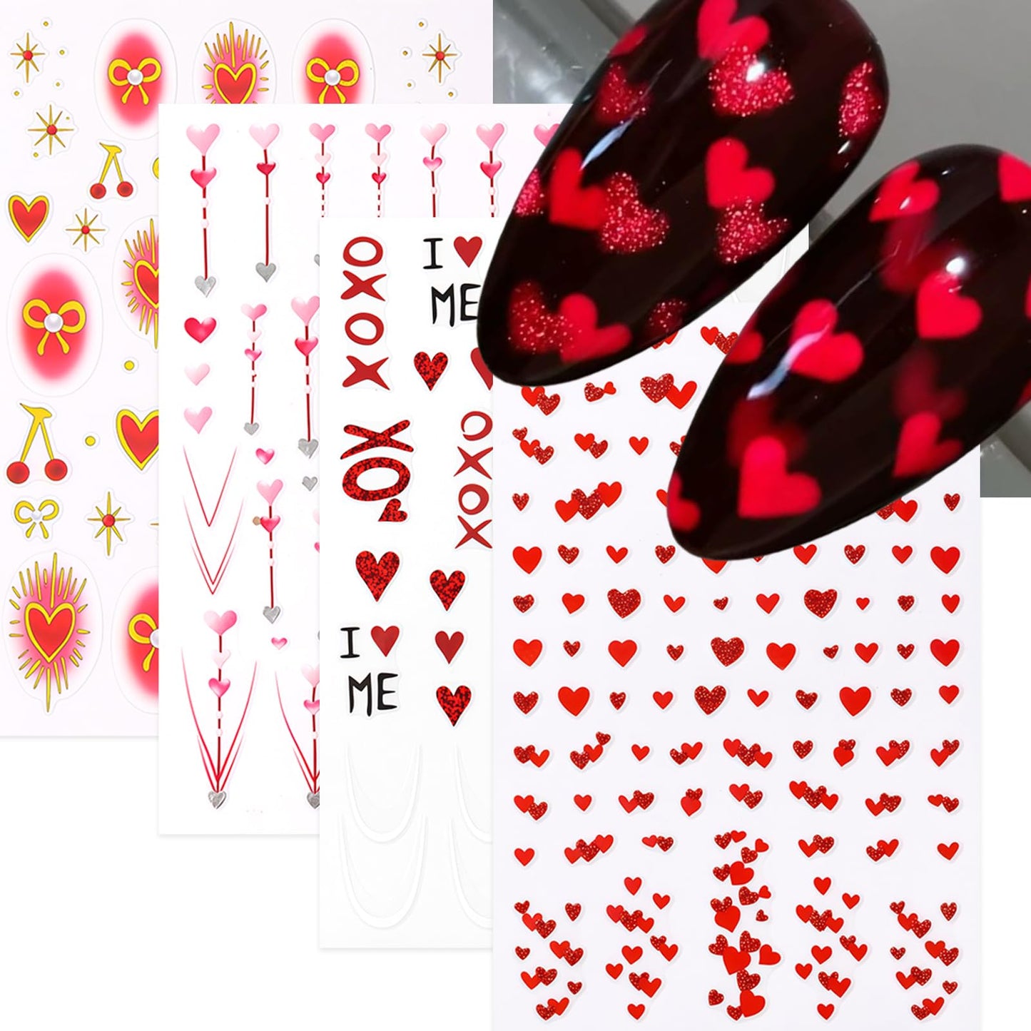 8Pcs Heart Nail Stickers Glitter Shiny Love Nail Decals 3D Self Adhesive Pearl Bow Cherry Nail Art Stickers Valentines Day Red Ombre Gold Hearts Designs Pink Heart French Line Nail Supplies for Women