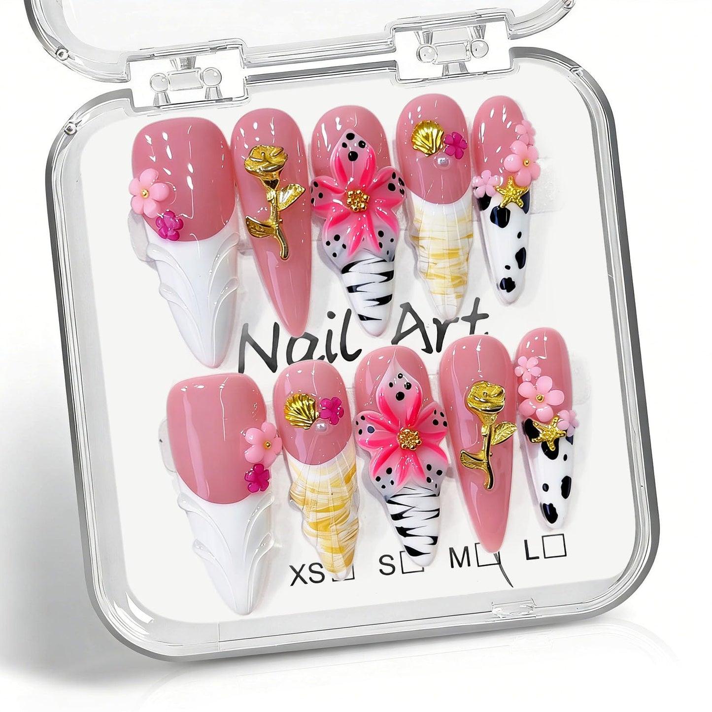 10 Pcs Handmade Press on Nails Long Stilettos Fake Nails with White French Tip Leopard Print Design 3D Flowers False Nails Pink Acrylic Stiletto Press Ons Nails for Women Wedding Nail Art - M Size