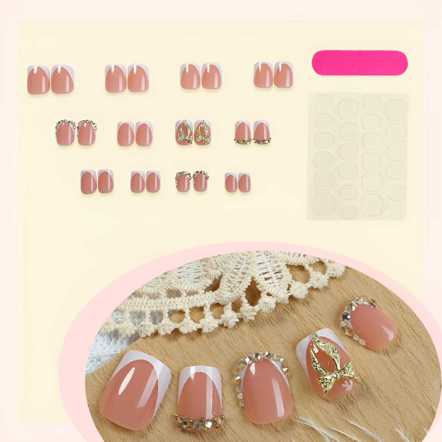 24Pcs French Tip Press on Nails Short Square Fake Nails Gold 3D Bow Nails Press Ons Glossy False Nails with Rhinestones Design White Nude Glue on Nail DIY Stick on Nail Decoration Set