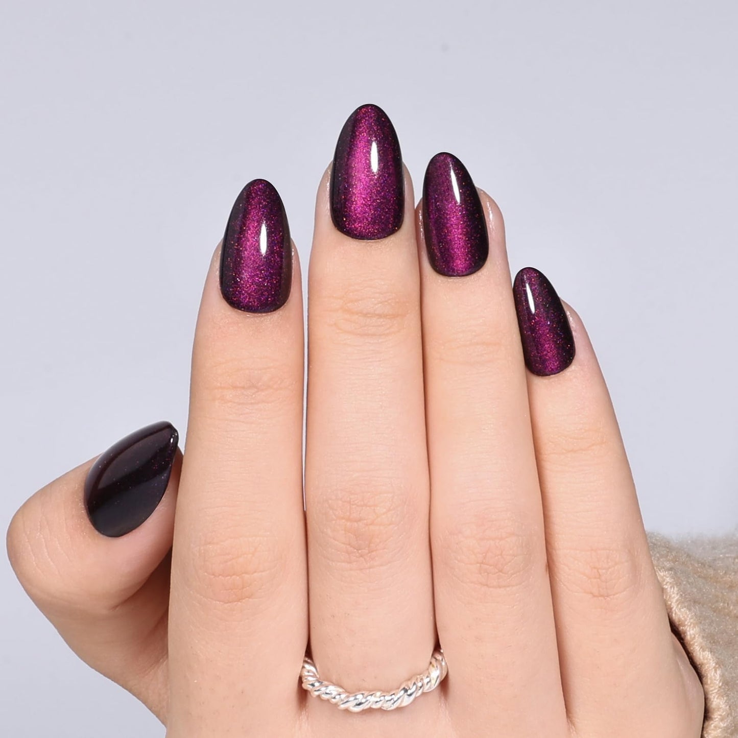 Purple Cat Eye Press On Nails Almond - Short Almond Fake Nails with Nail Glue, Purple Cateye Press On Nails Reusable Stick On Nails in 16 Sizes 32 Nail Kit for Women & Girls | Salon Quality