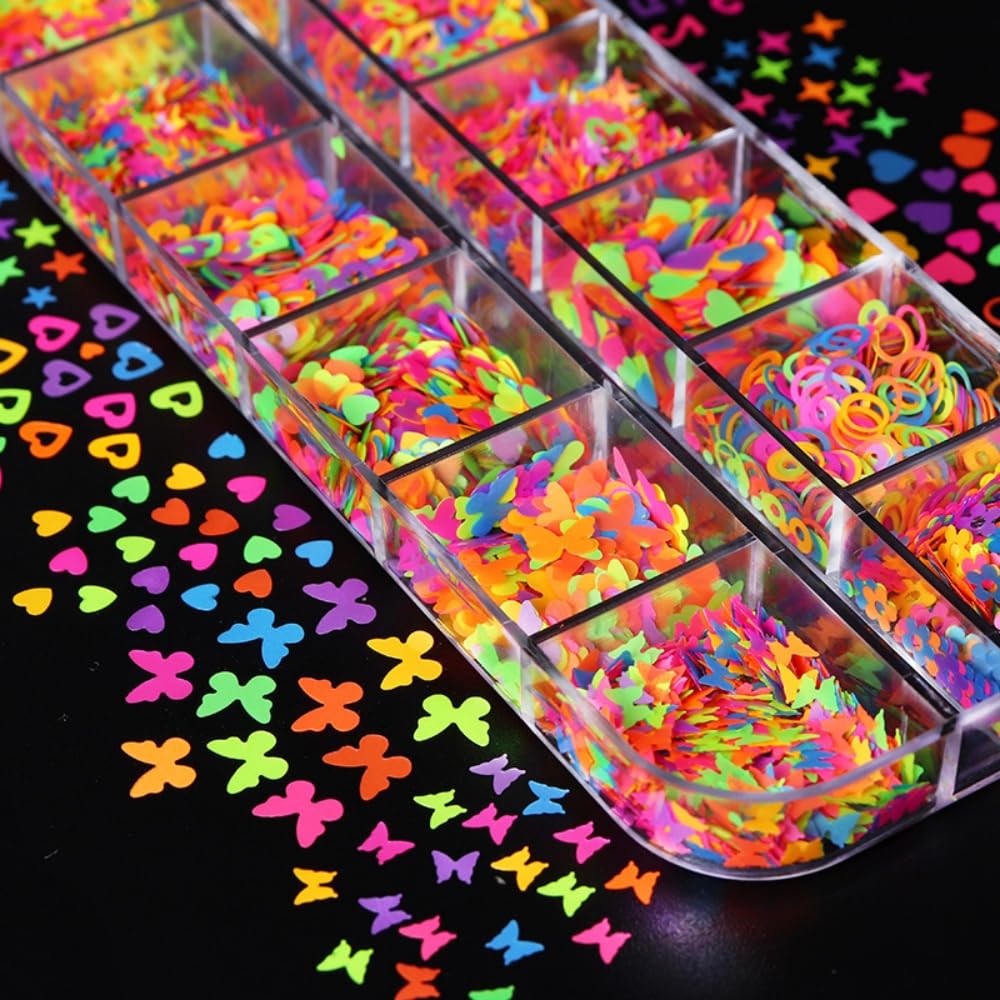 1 Box Holographic Heart Star Nail Glitter Butterfly Flower Nail Sequins 3D Letter Alphabet Nail Flakes Sparkly Powder Flakes Shiny Nail Glitter Figure Nail Sequins Glitter for Nails Art 12 Grids