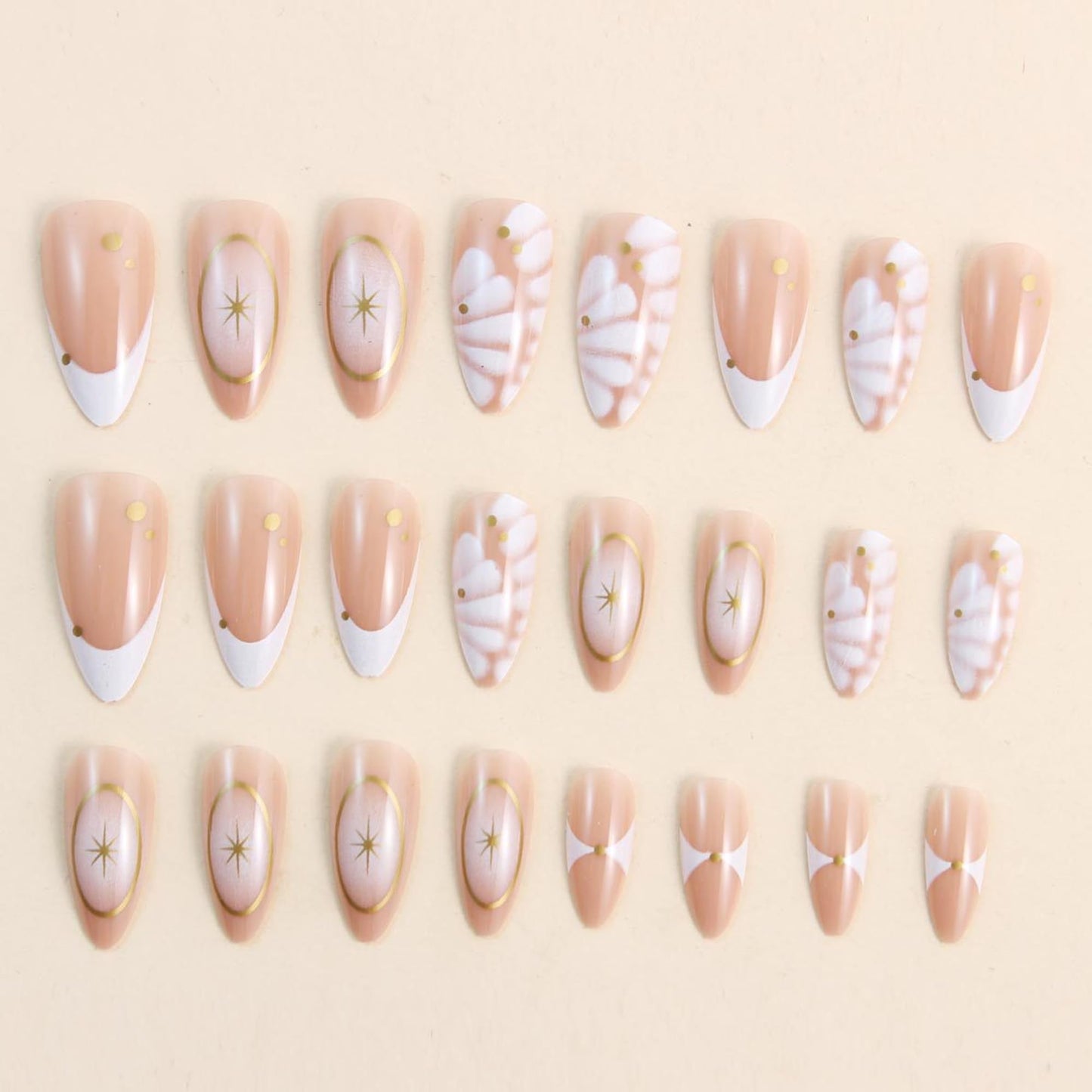 French Almond Press On Nails Medium Length, Nude Fake Nails with Starburst & Gold Line Design, Glossy Gel Finish Acrylic Nails, Reusable Glue On Nails for Women, 24Pcs
