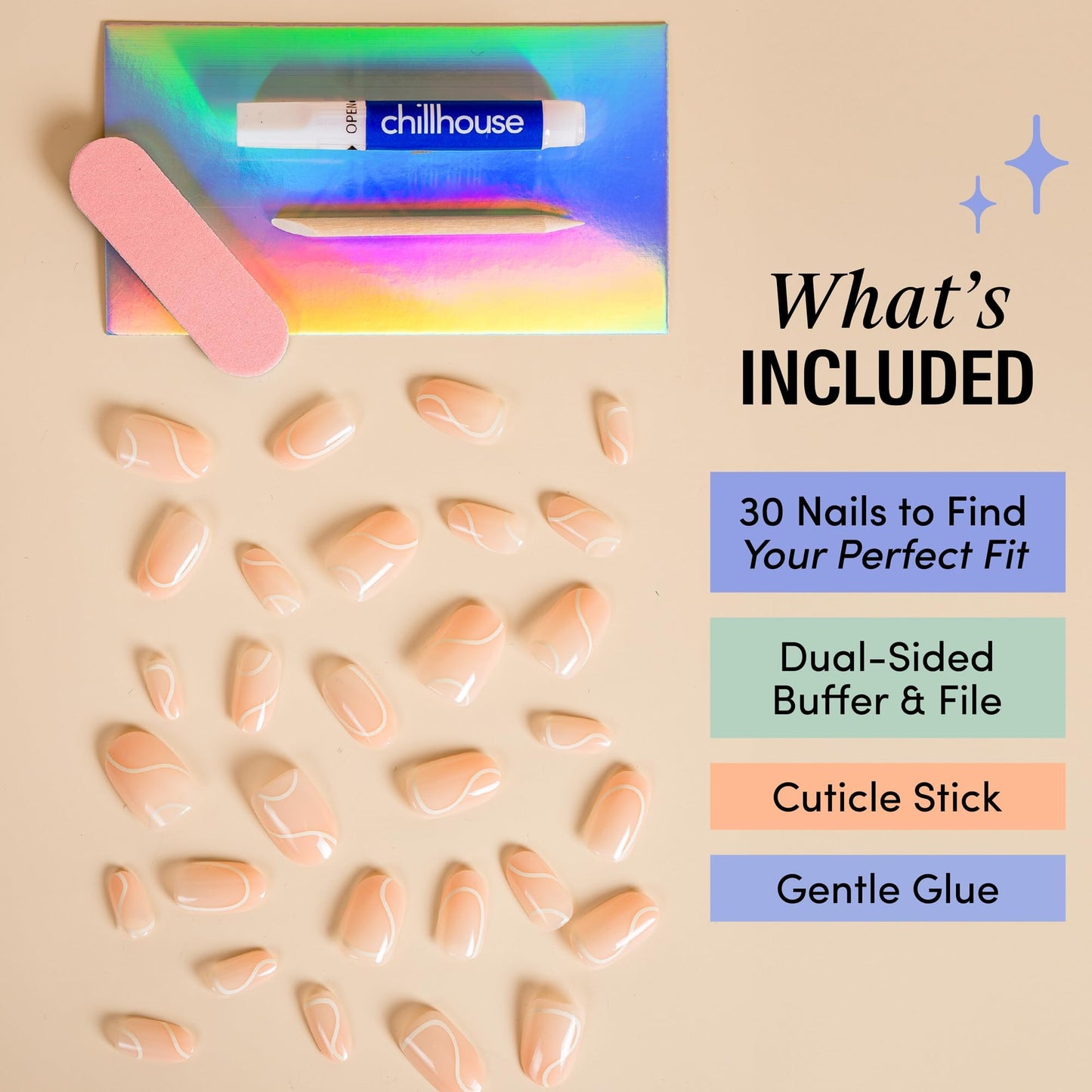 Chillhouse - Chill Tips, Press on Nails Kit - Pirouette (Oval) - 30 Nail Shapes & Sizes - Up to 2 Weeks of Wear - Customizable Fit - Reusable - Latina Founded & Women Owned - Beauty & Self Care