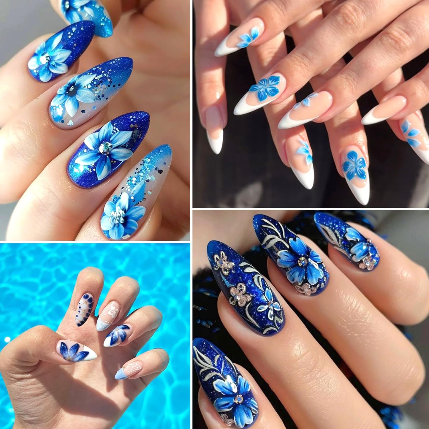 2Sheets Blue White Lily Flower Nail Art Stickers 5D Embossed Blue Flowers Vine Design Nail Decals Self-Adhesive Cute Floral Petals Nail Sticker Sliders for Women DIY Spring Summer Nails Decor Supplies