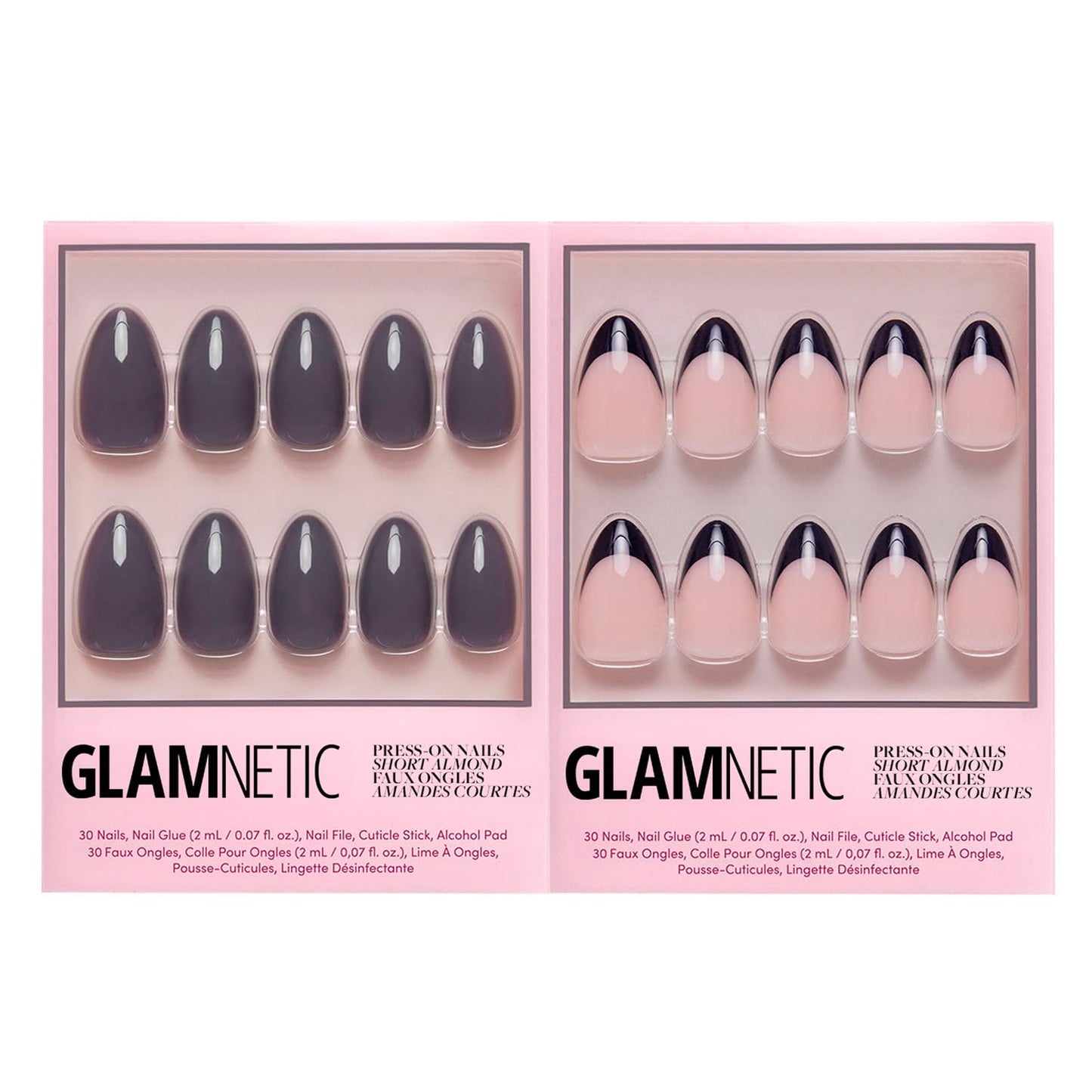 Glamnetic Press-On Nails Bundle - Ash Gray & Think Pink | Opaque Muted Smoke Gray Short Almond False Nails | Light Pastel Pink Short Oval Fake Nails | Reusable, Salon-Quality Nail Kits