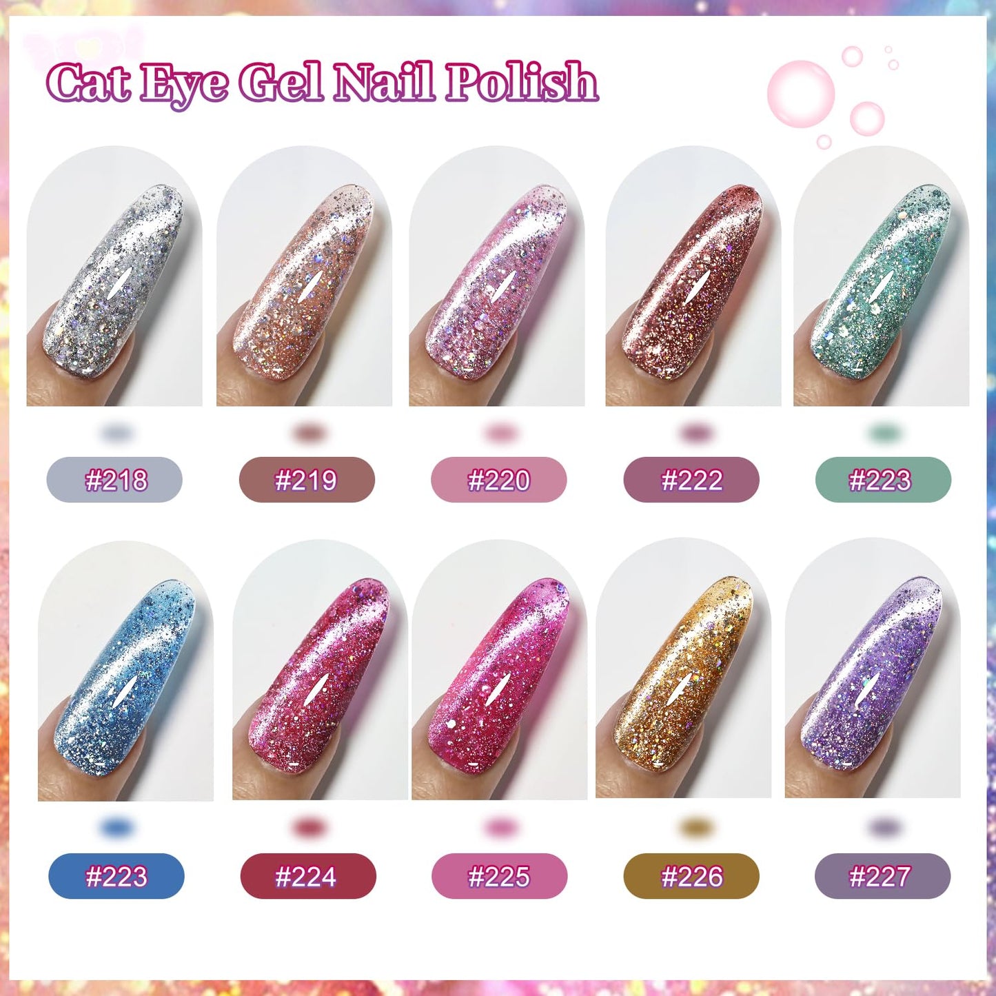 JODSONE 10 Colors Holographic Glitter Cat Eye Gel Nail Polish Set Silver Blue Purple with Base Coat &Top Coat & Magnet Stick Sparkling Stunning Fashion Women Gifts