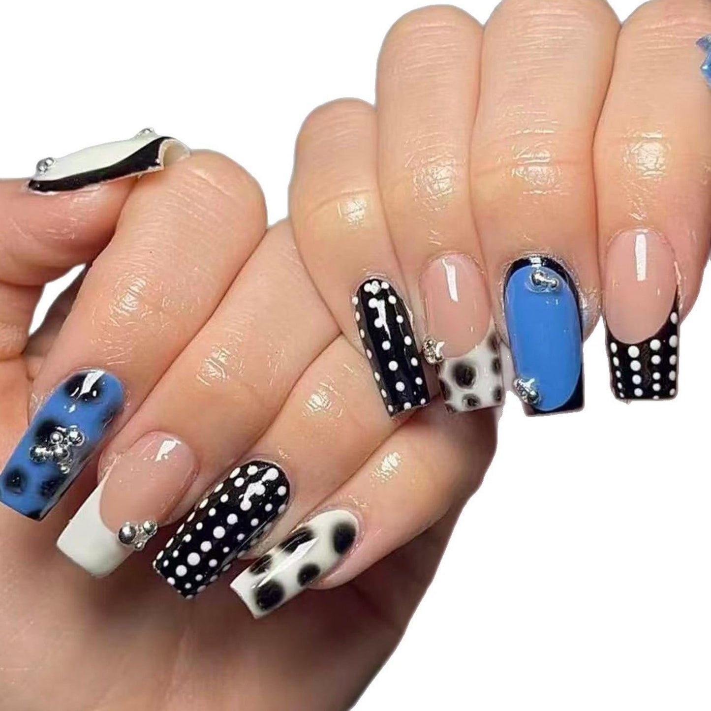 octoswave Press on Nails Medium Square - Black White Polka Dot French Tip 3D Metallic Charms Acrylic Fake Nails for Party Travel Office 24Pcs