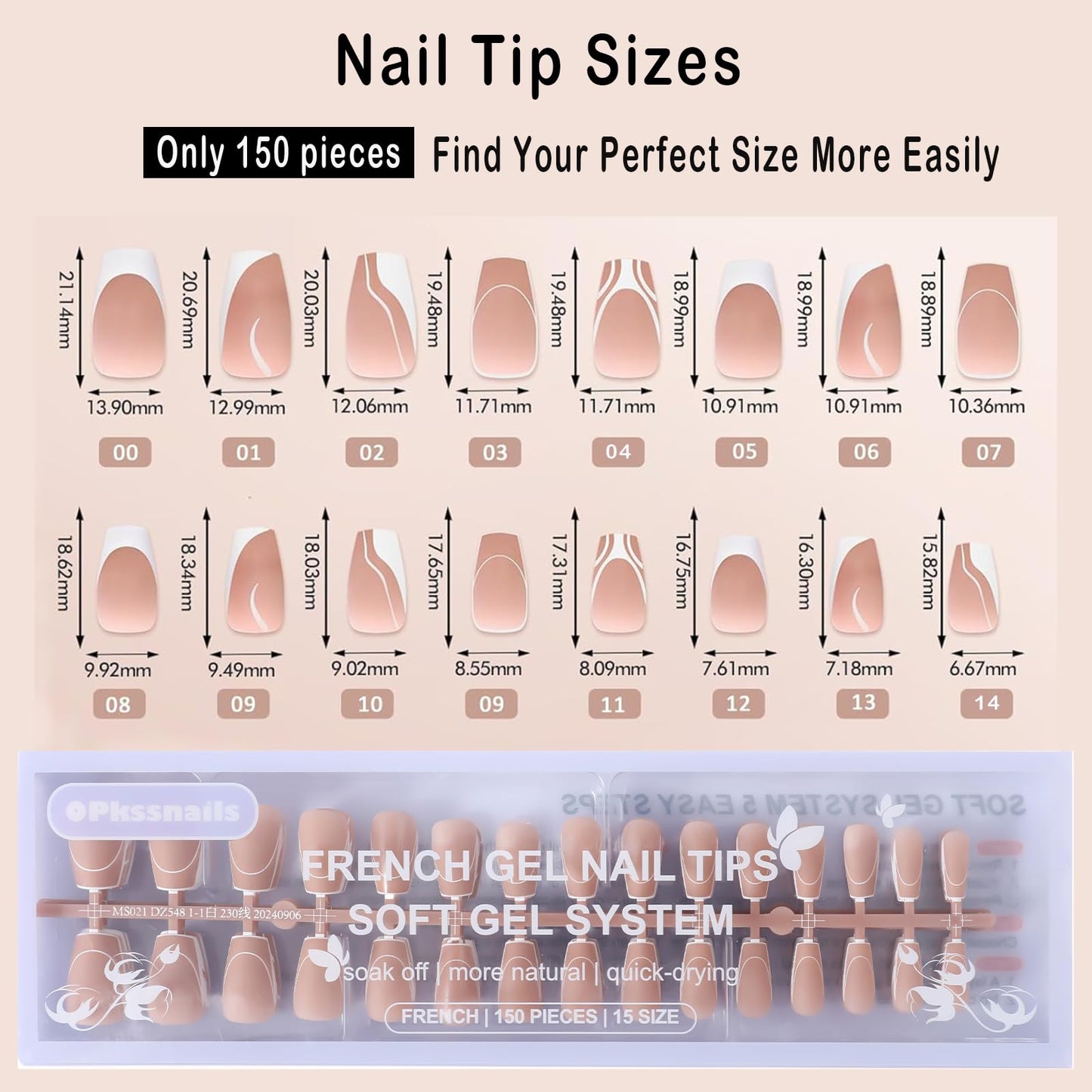OPkssnails French Gel Nail Tips,5 Style 150pcs French Tip Press on Nails Short Coffin,Pre-Designed Soft Gel Fake Nails Tips, Soak Off Acrylic Fake Nails Extensions for Women Nail Art DIY 15 Sizes