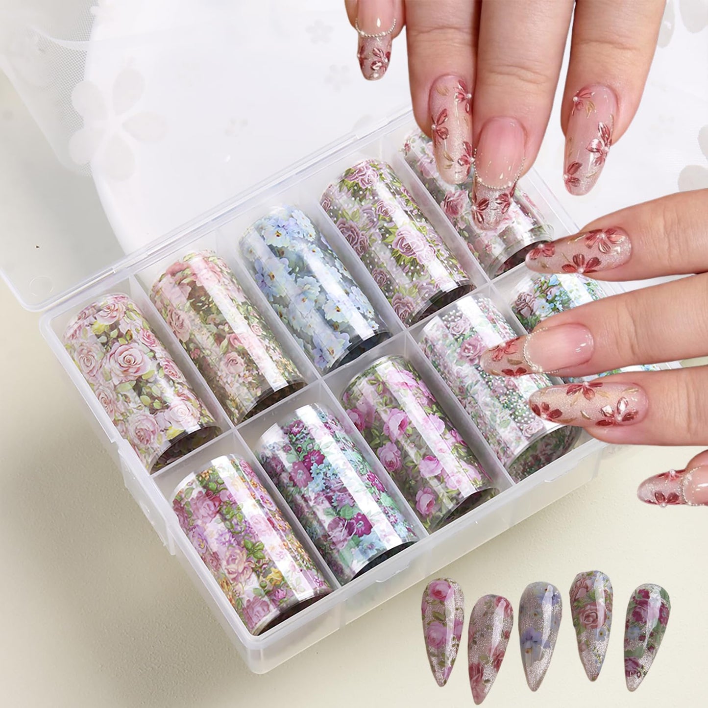 Flower Nail Art Foil Transfer Stickers 10 Rolls Spring Flowers Nail Art Foil Decals Elegant Floral Nail Art Supplies Decoration Spring Nail Transfer Foil Stickers for Women DIY Manicure Accessories