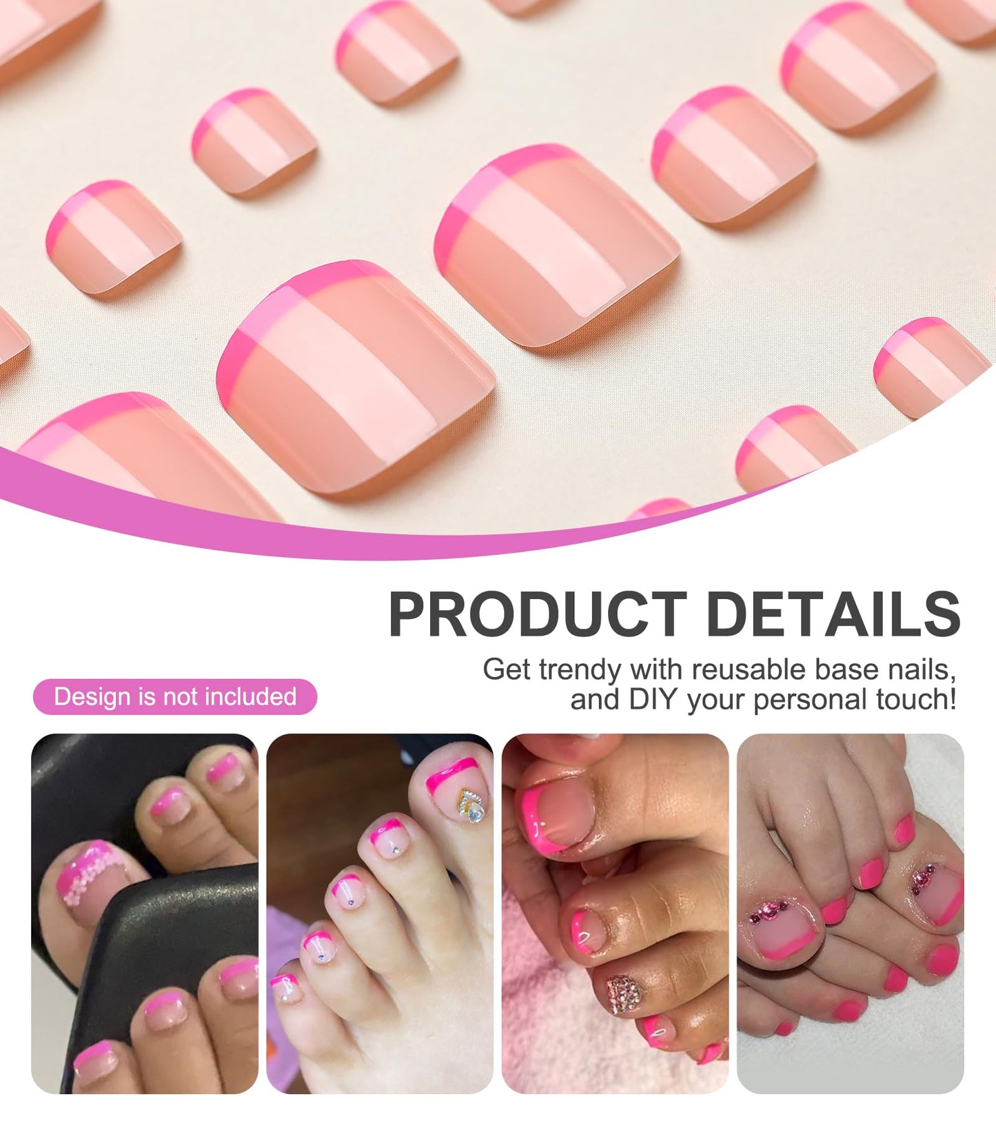 Aegenacess Toe Press on Nails Short Hot Pink French Tip Summer Fake Toenail Press Ons False Nail Pedicure Kit for Women 28pcs Squoval Shape in 14 Sizes (Hot Pink French Tip)