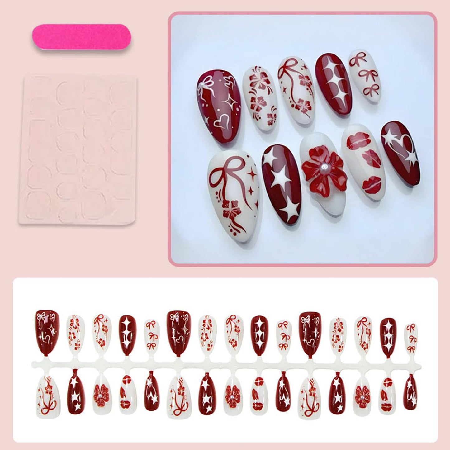 30Pcs Red Press on Nails Almond Medium Fake Nails with 3D Star Bow Flower Lip Design French Acrylic Nail Tip Glossy Full Cover Artificial Nails for Women DIY Manicure Supplies Daily Wear