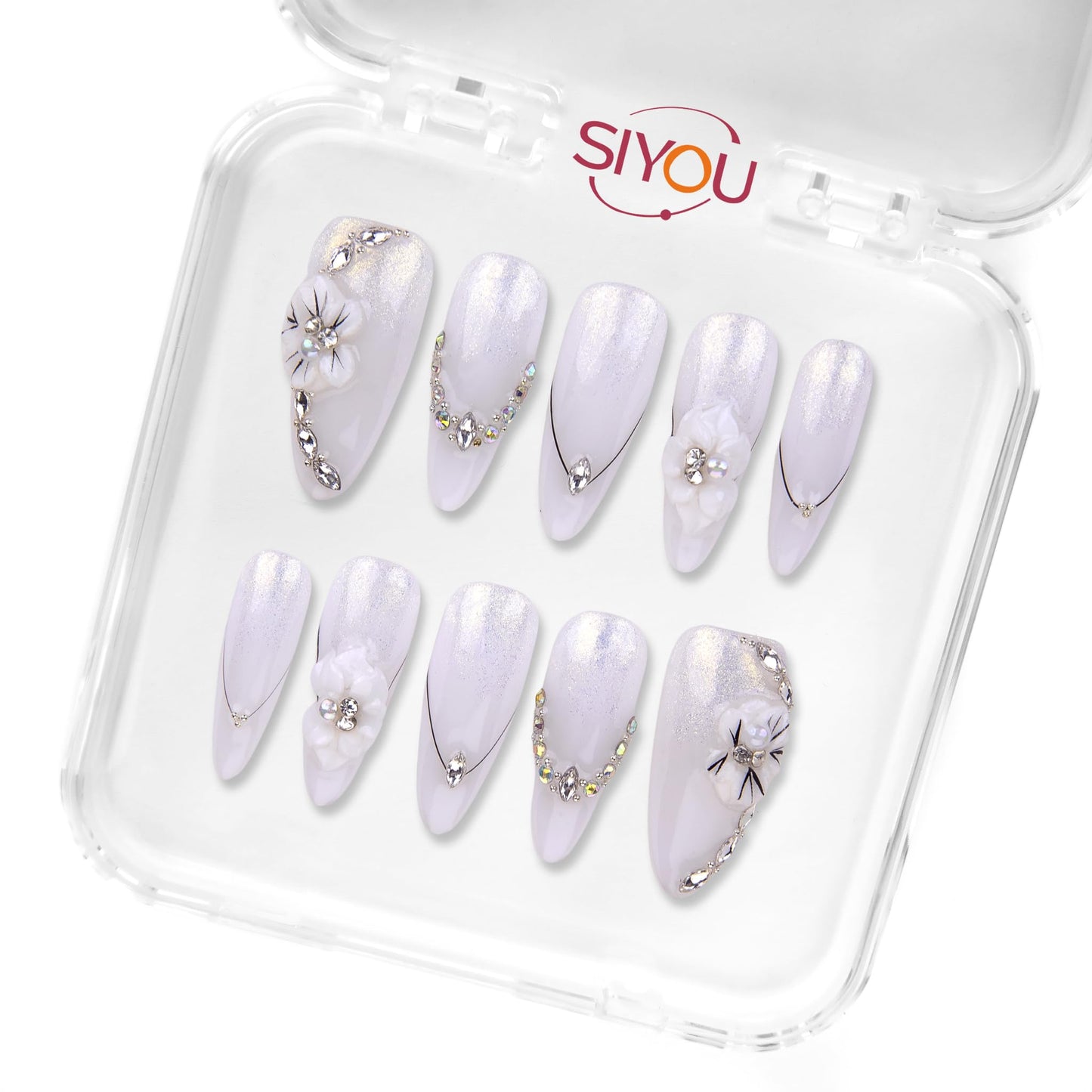 SIYOU Beauty | Love Sparkle | White Rhinestone Romantic Long Almond Press On Nails for Women (Large) - Reusable, Salon-Quality Fake Nails (10pc)