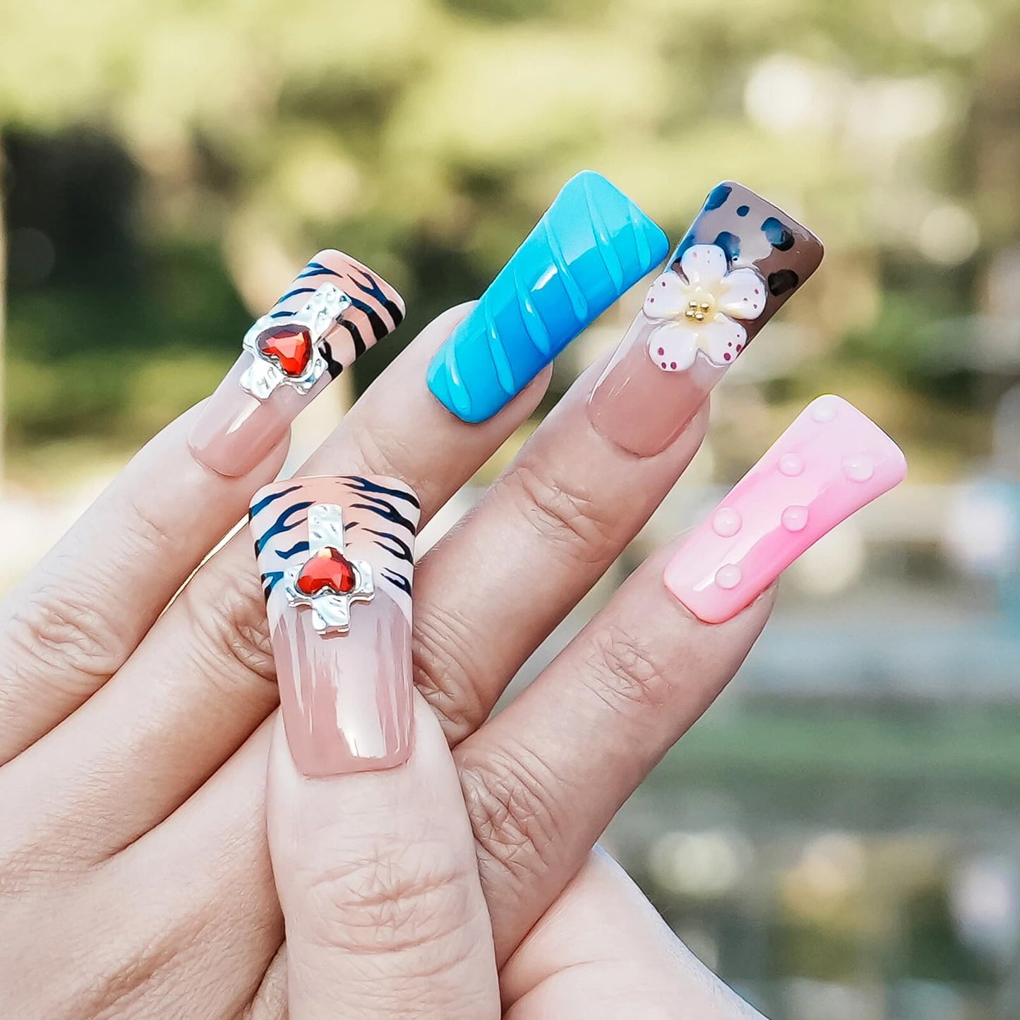 Tesytto Long Duck Press-On Nails Handmade, Colorful Blue Pink Acrylic Fake Nails with 3D Charms, Brown Tiger Stripe & Flower Design, Multi-Layer Full Cover False Nails (Tame the Wild Heart, S)
