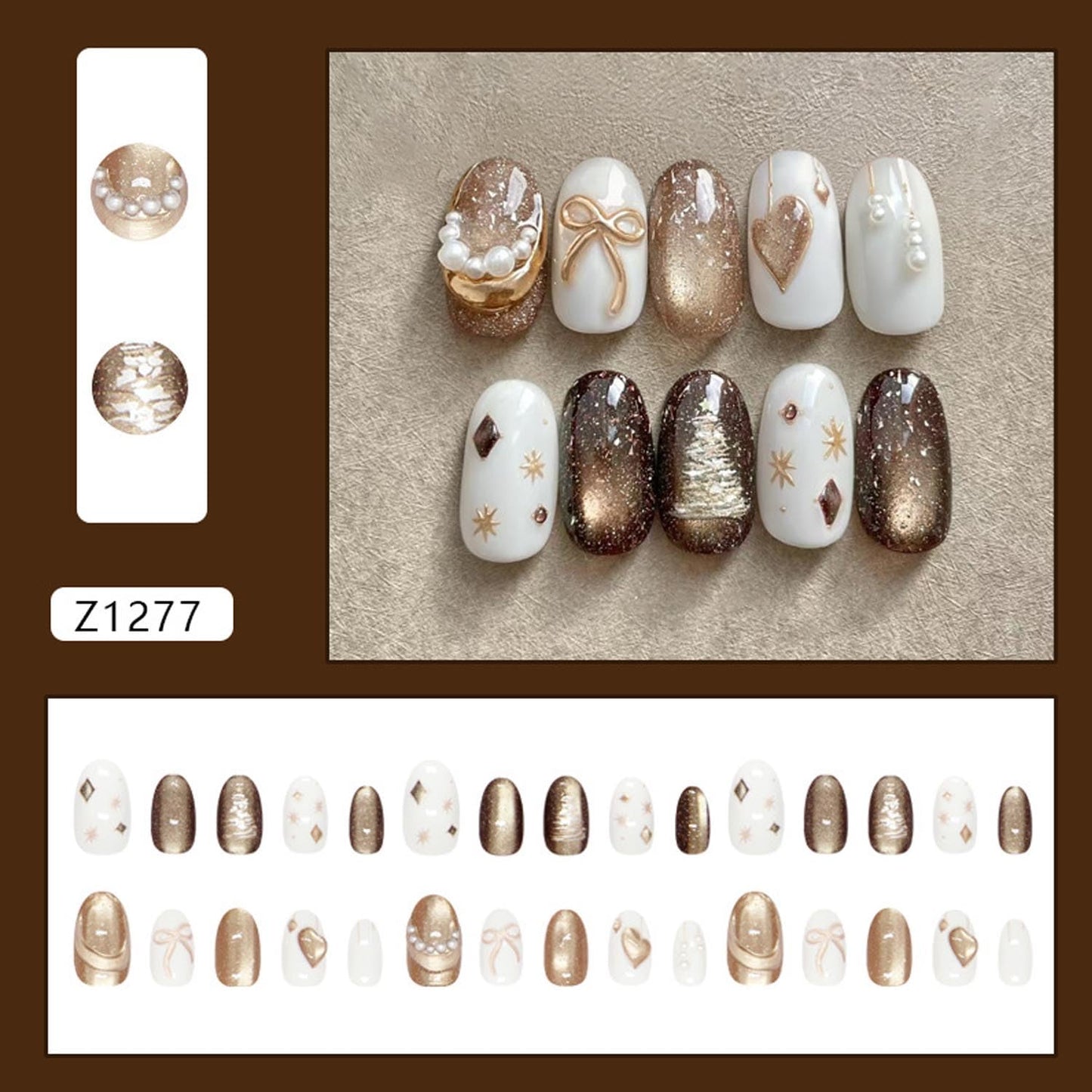 30Pcs Champagne Gold Press-on Nails Short Fake Nails with Pearl Heart Bow Starburst Design Glossy Sparkling French Nails Tip Stick on Nails Full Cover Press ons Acrylic Nails for Women