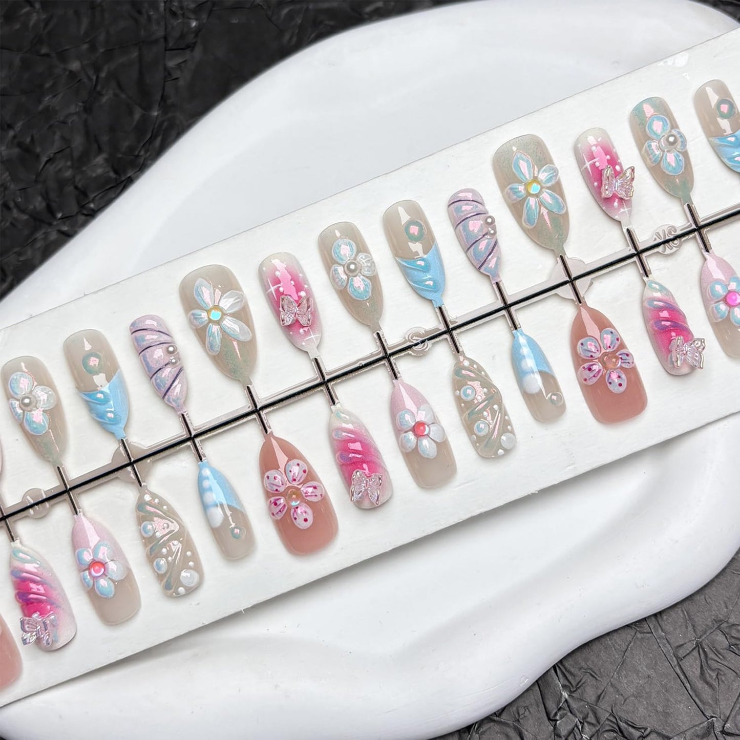 30Pcs Flower Press on Nails Medium Almond Handmade Fake Nails with Crystal 3D Butterfly Flowers Pearl Design French Nails Cute Stick on Nails Full Cover Artificial Glue on Nails for Women