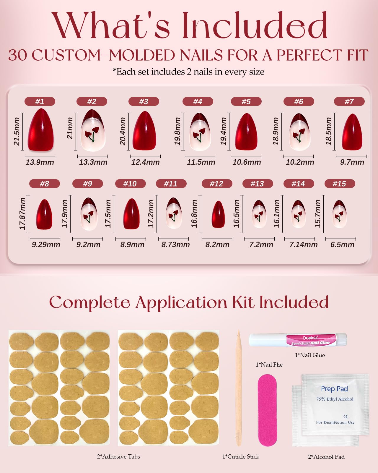 Buleens Valentine’s French Tip Short Almond Press on Nails for Date-Red Cherry Cat Eye Handmade Fake Nail for Women, Stylish outfits Gifts for Girls,15 Sizes, 30 Kits with Glue