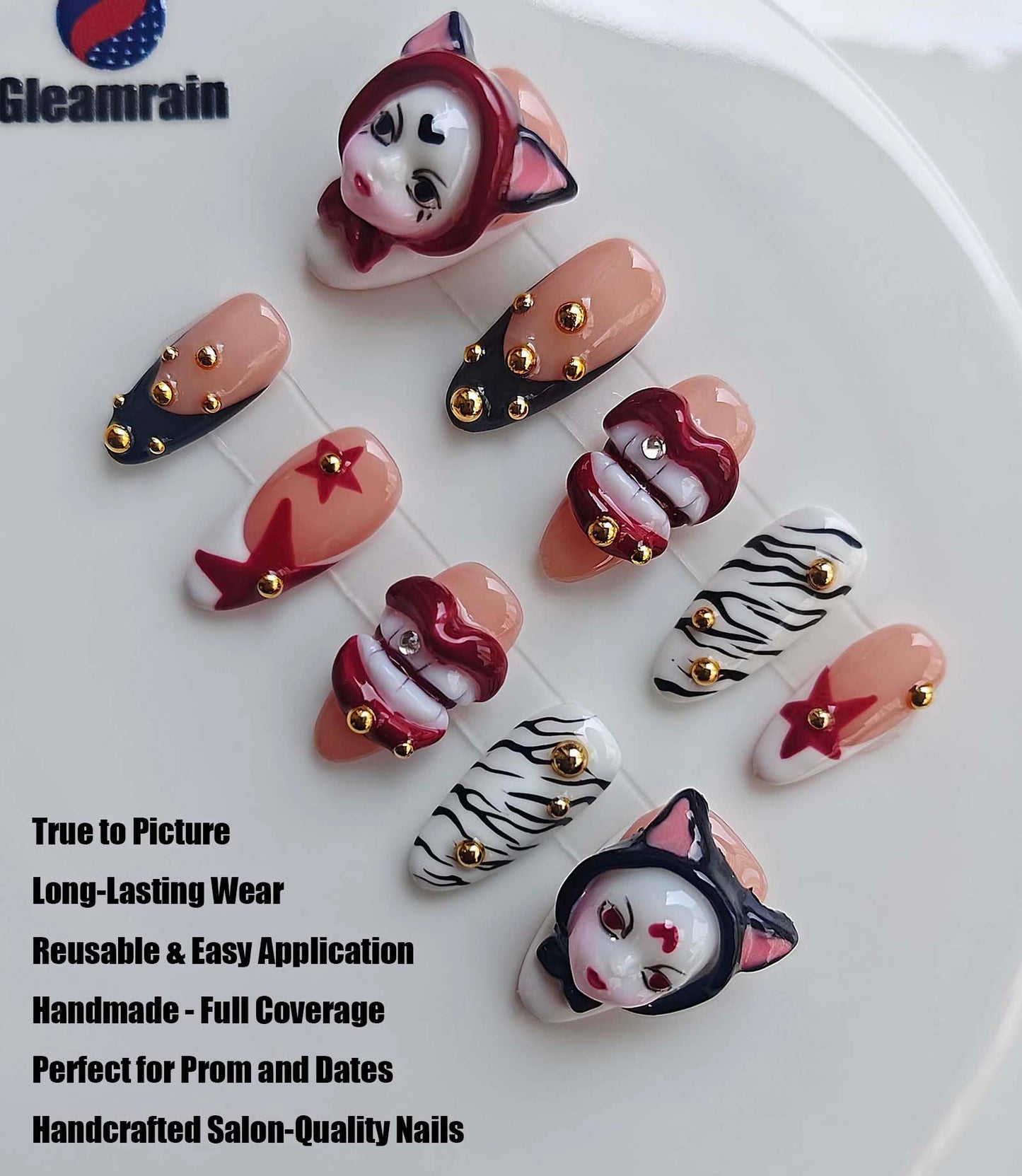 Gleamrain Edgy Almond Handmade Press on Nails Medium Length for Women M Size, Handcrafted Star Design Reusable Full Cover Fake Nail for Party Birthday Holiday Halloween D320