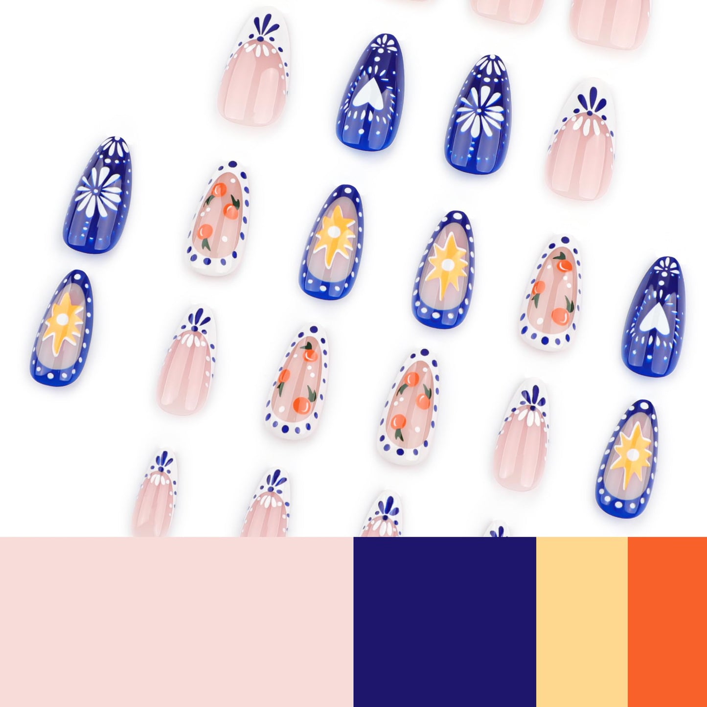 ORZOLATENT Boho Floral Tips Press-On Nails – Hand-Painted Blue & White Floral, Cherry Design, Long-Lasting Gel, Easy DIY