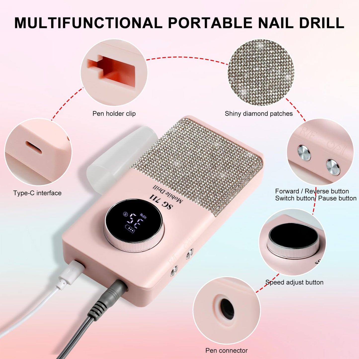 LIMEGIRL Professional Electric Nail File Drill Bits Kit 45000RPM for Acrylic Toenail Machine Clippers with 14 Drill Bit Gradient Pink Portable Rechargeable Cordless