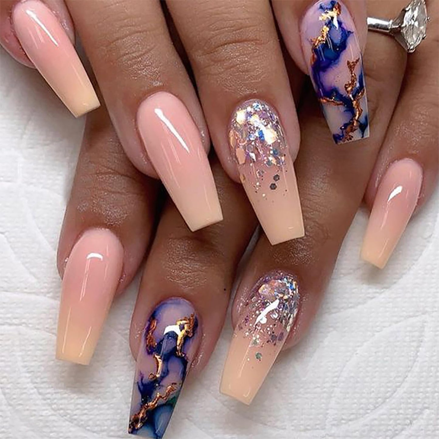 Vezocim Press on Nails Medium Square Shapes 24Pcs Glossy Full Cover Medium Acrylic Pink Square False Nails with Blue Marble Designs Artificial Coffin Fake Nails Glue ons Fingernails for Women