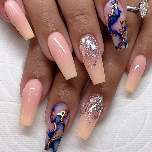 Vezocim Press on Nails Medium Square Shapes 24Pcs Glossy Full Cover Medium Acrylic Pink Square False Nails with Blue Marble Designs Artificial Coffin Fake Nails Glue ons Fingernails for Women