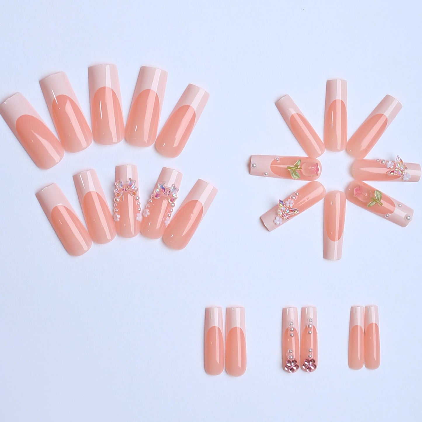 Long Press on Nails Square Fake Nails French Artificial Nail Seeneey Pink 3D Flowers Butterfly Bow Rhinestones Stick on Nail for Women 24pcs