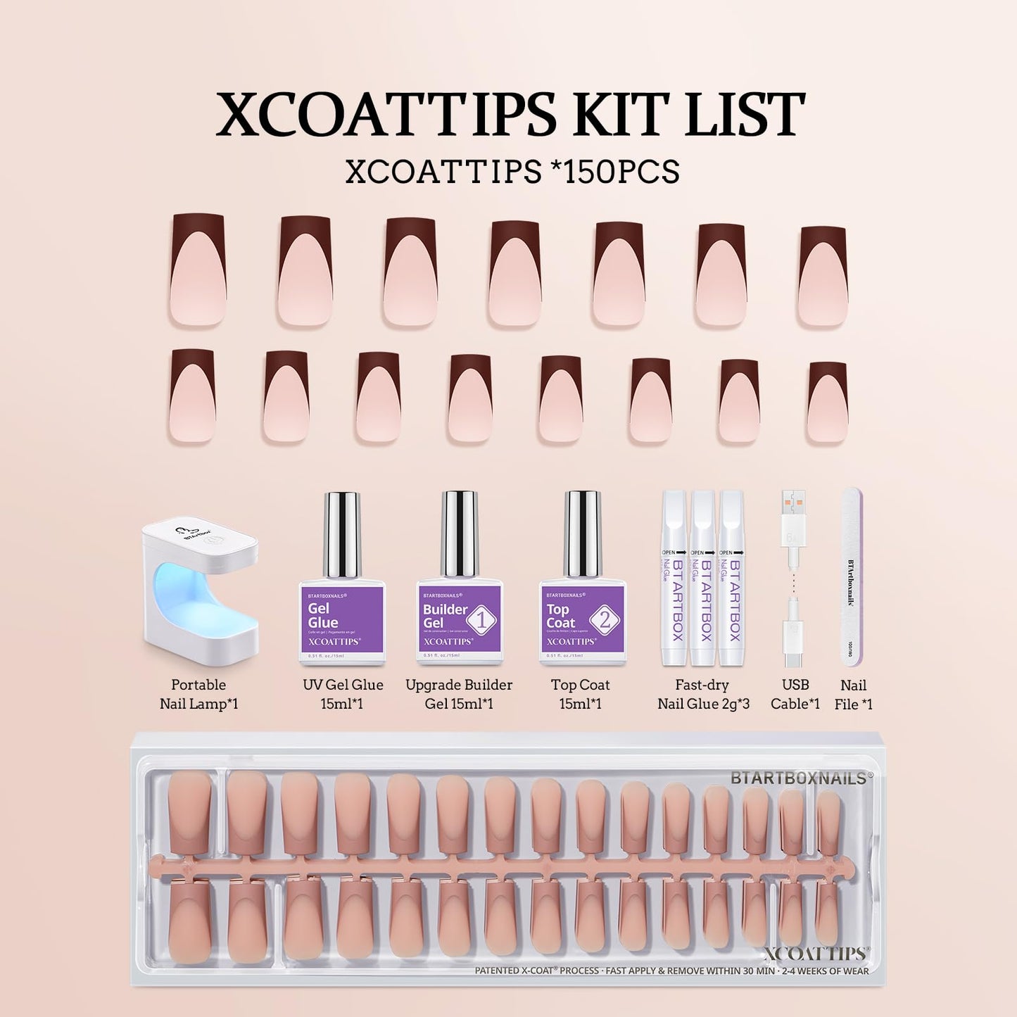 BTArtboxnails XCOATTIPS Nails Press Ons - Skin Tones Press on Nails Square, Long Soft Gel Nail Tips with Nail Gel, French Protecting Duo, Nail Lamp, All in One Fake Nail Extension Kit