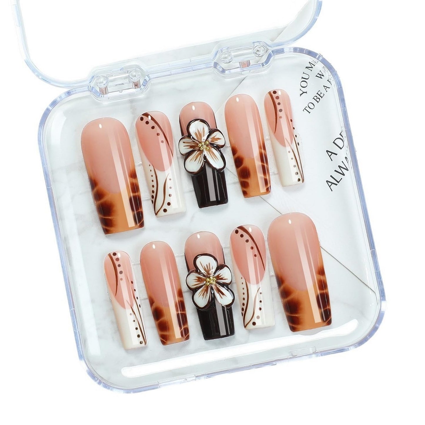 Flower Press on Nails - Long Square Handmade Press on Nails Thick Acrylic and Muti-Layer Gel False Nails 3D Floral Stick on Nails Leopard French Tip Fake Nails for Women DIY Art Decor (M)