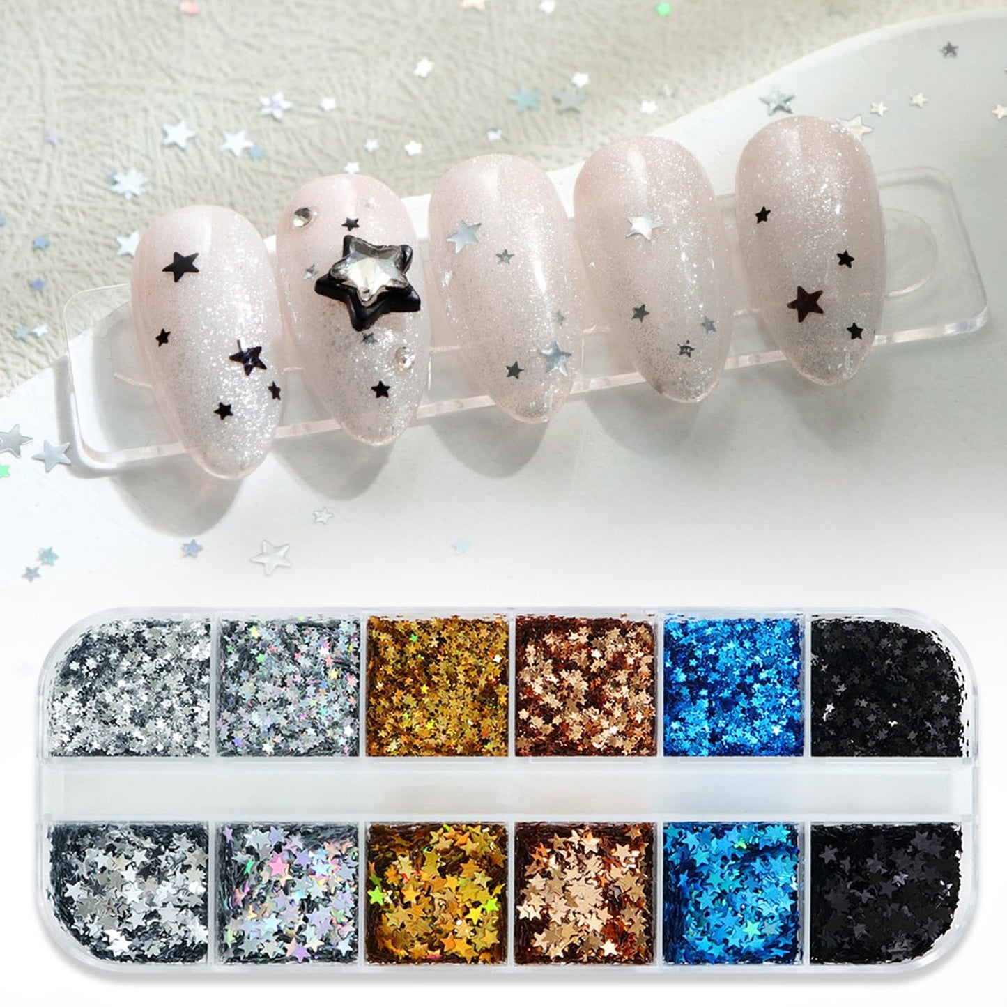 12-Grid Mini Star Holographic Nail Glitter,Mixed Five-Pointed Stars Shaped Nail Sequins Golden Silvery Sparkling Star Nail Design Pentagram Flake Shiny DIY Manicure Accessories for Women