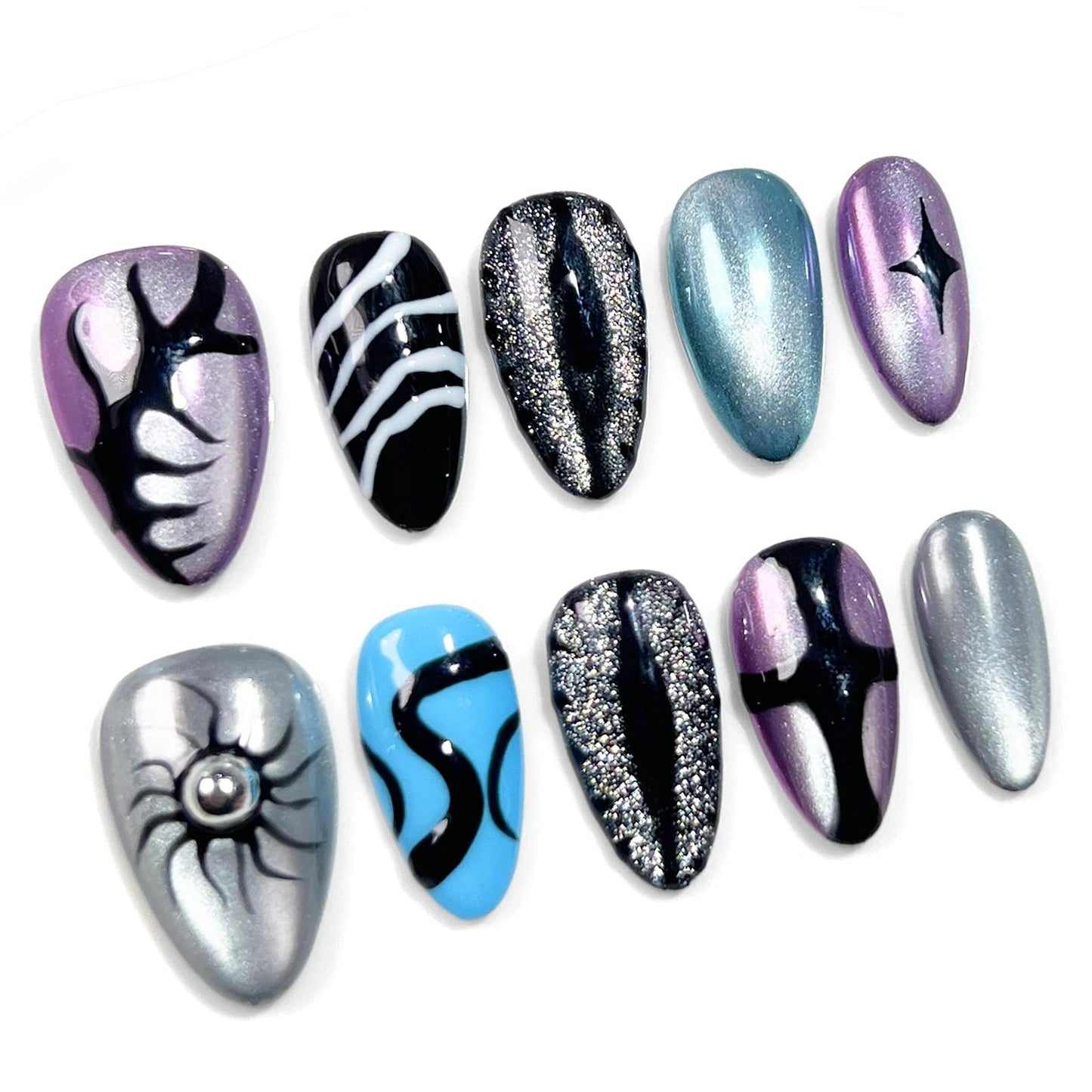 Handmade 3D Dark Mystic Oval Press On Nails, Multi-Color Stream Star Artisan Nails Set, Reusable Glossy Press-ons with Tool Kit(S)
