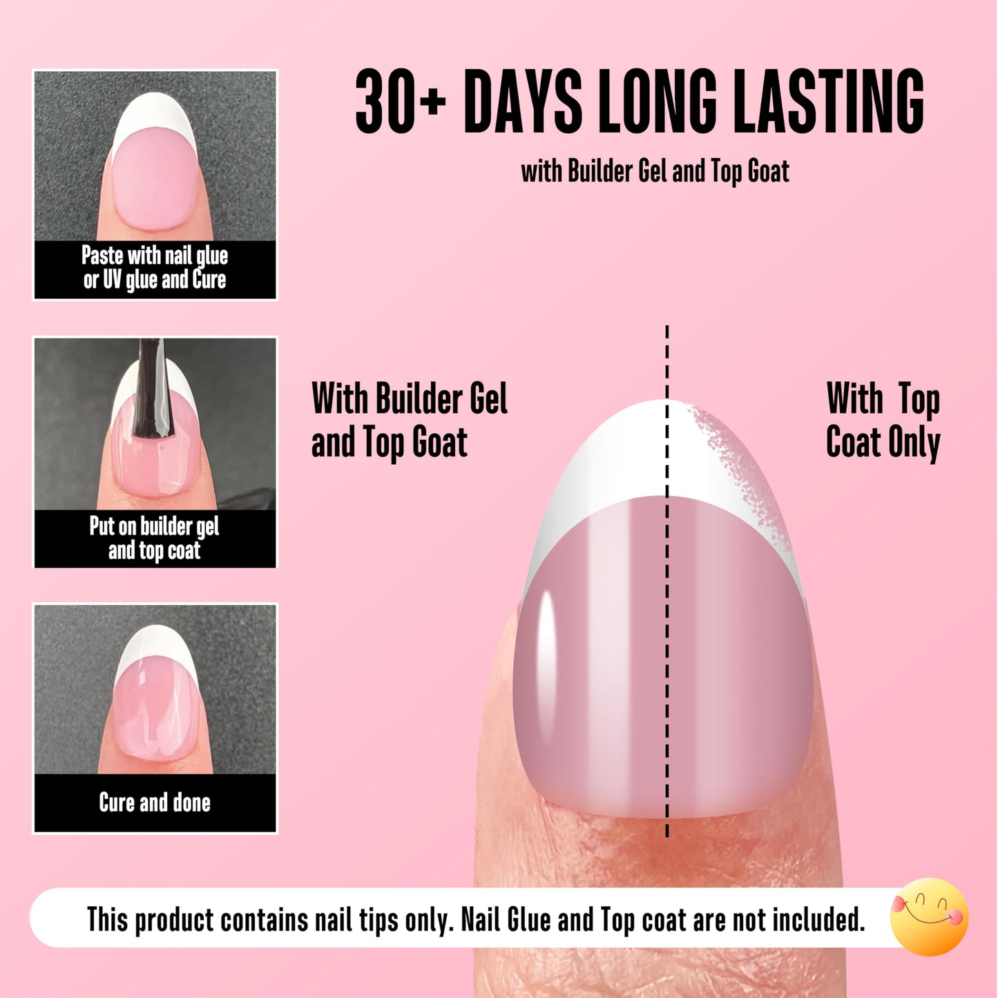 NOVO OVO Extra Short White French Tip Almond Nail Tips Press on BERRY PINK, Thick Soft Gel Fake Acrylic Extension, Need Builder Gel Top Coat, No Glue Included, for Salon DIY x 16 Sizes 224 pcs
