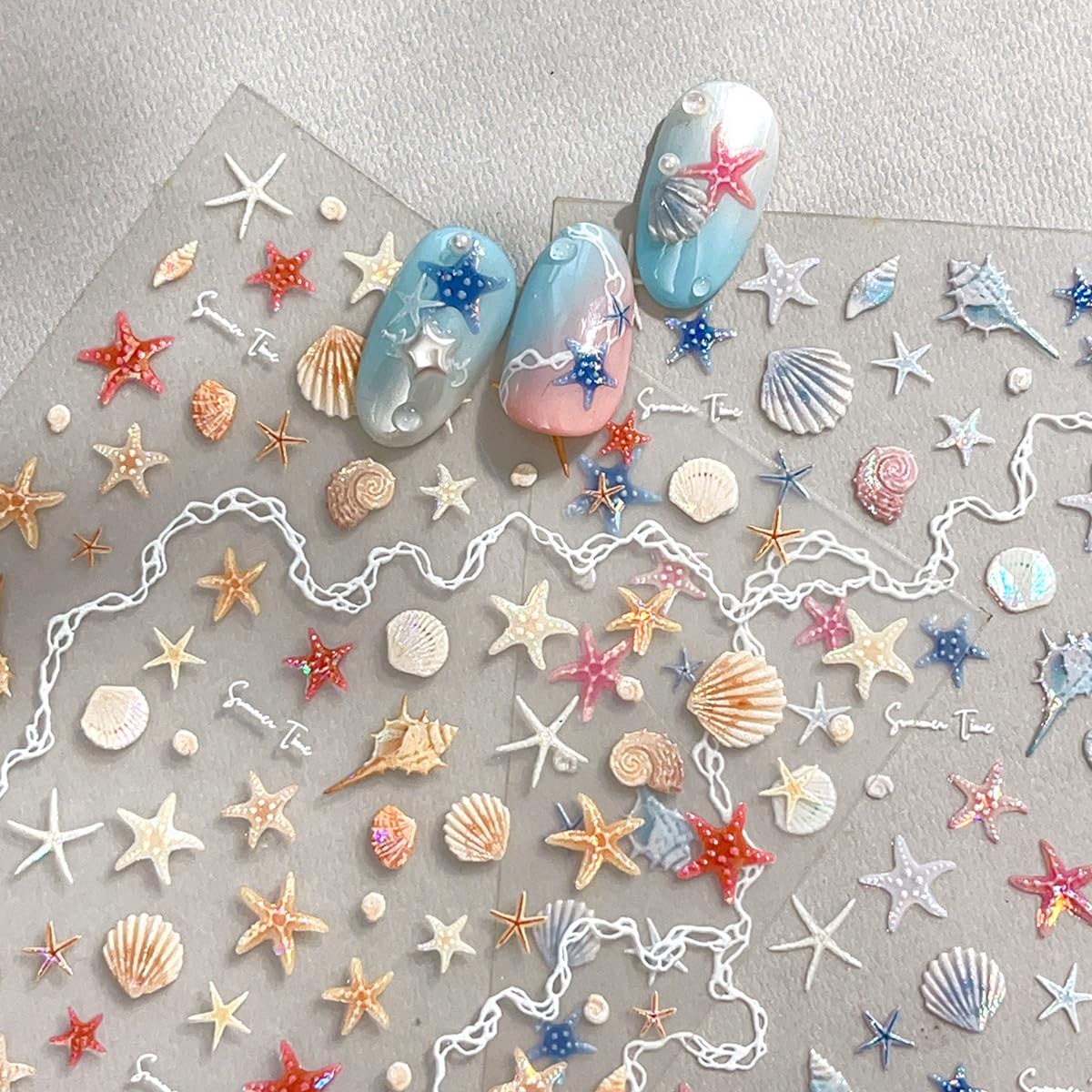Summer Nail Art Stickers Shiny Shells Starfish Nail Decals Mermaid Conch Beach Design 5D Embossed Self Adhesive Nails Supplies Summer Sea Theme Nail Art Decoration for Women Manicure Accessories,2Pcs