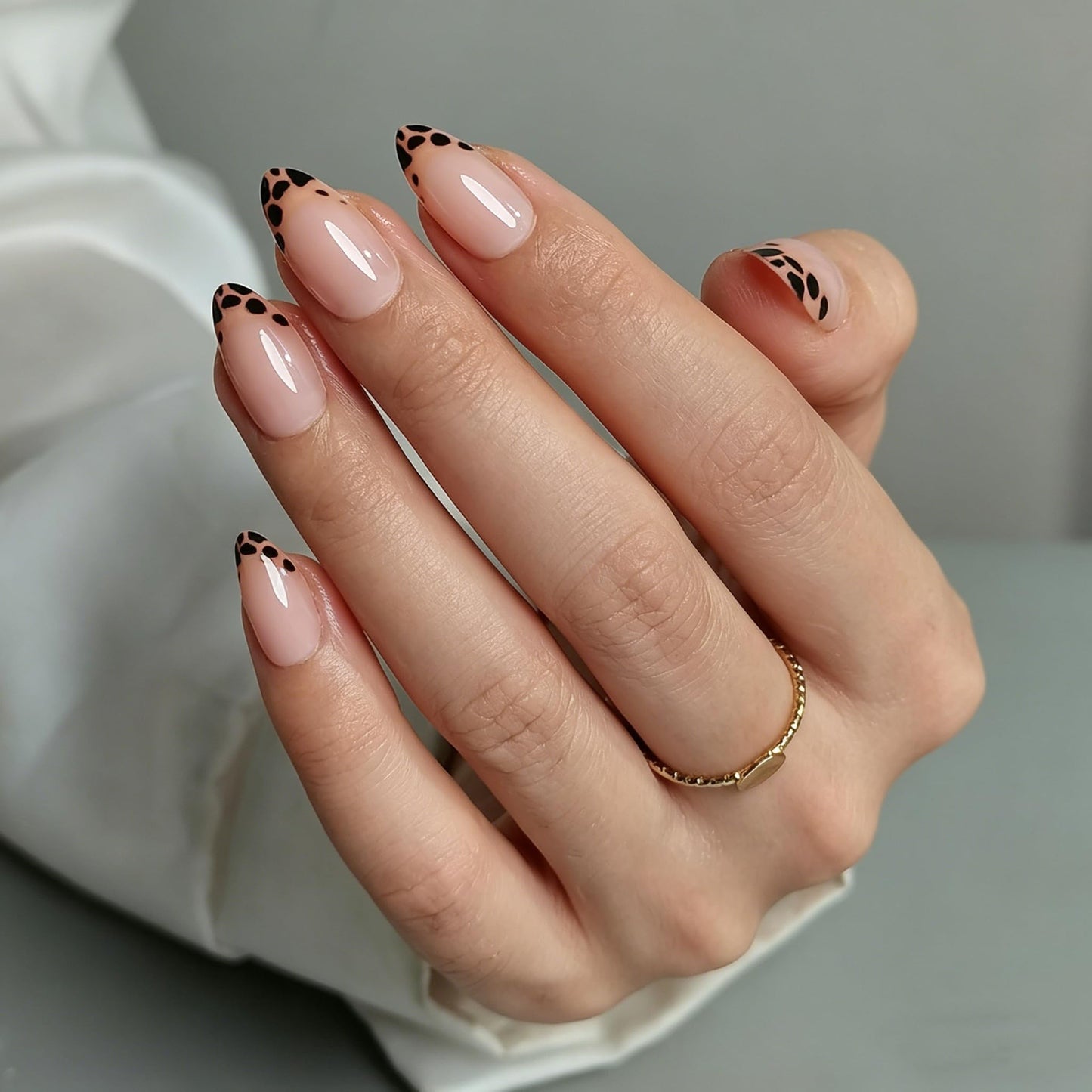 Nude Leopard French Tip Press on Nails, Short Almond Soft Gel Fake Nails, Reusable 32Pcs 16 Sizes with Glue for Women Daily Office Party