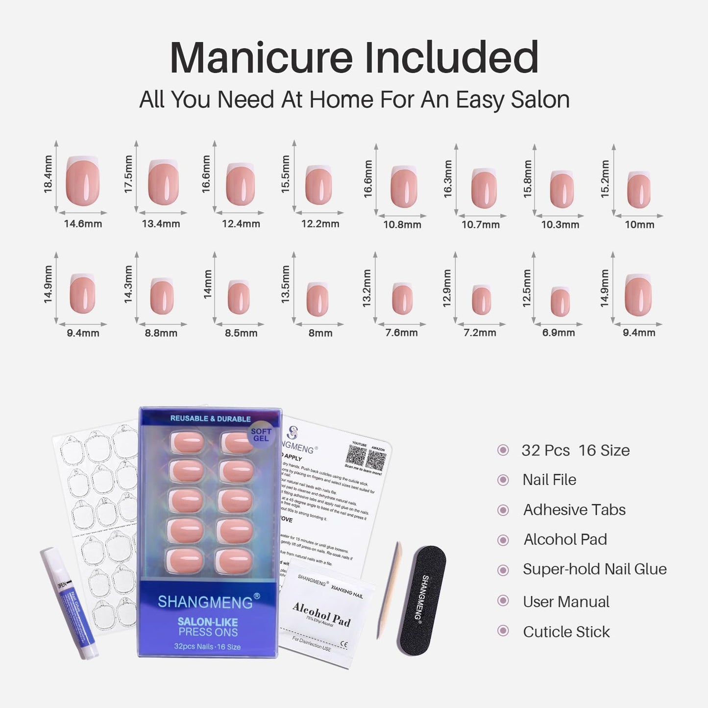 White French Tip Press on Nails - SHANGMENG Soft Gel Square Nails Short for Women Gift, Fit Perfectly & Natural Stick on Nails with Glue in 16 Sizes - 32 Reusable Fake Nails, White French