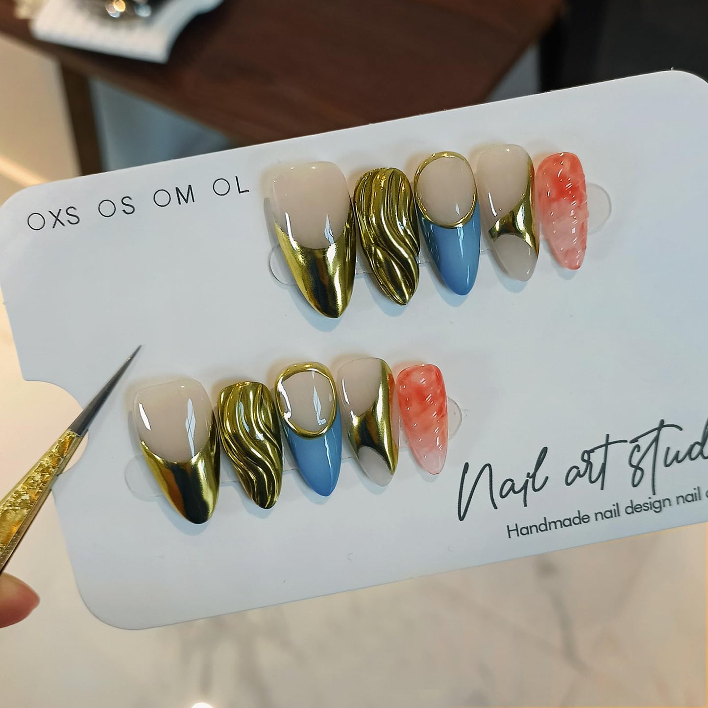 TENPAL Metallic Press on Nails Almond, Golden French Tips Nails, Soft Gel Fake Nails With Tools, Handmade Acrylic Nails With Sweet Cool Y2k 3D Waves Designs,10pcs/Box Nail Kits For Women(M)