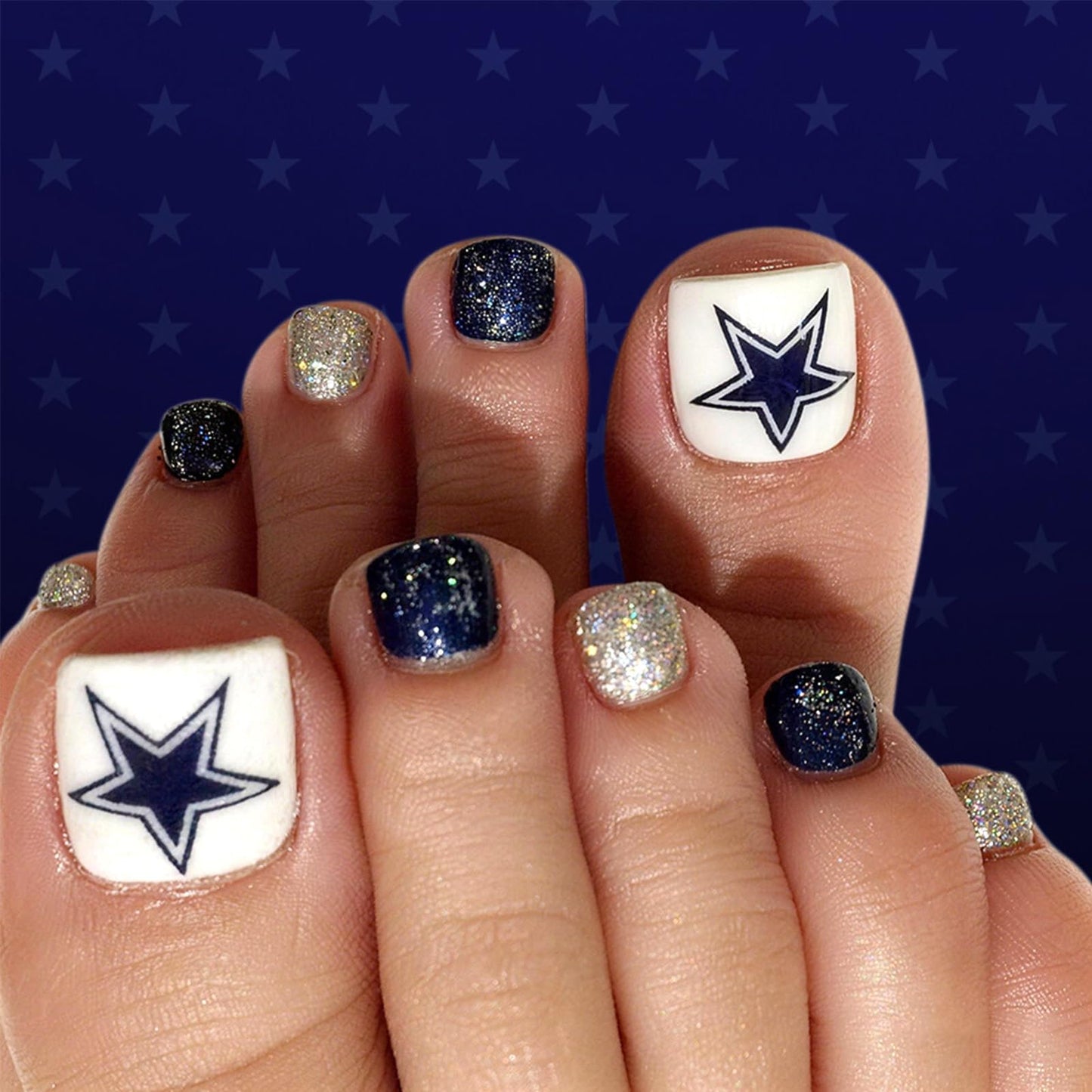 4th of July Press on Toenails Short Square Blue Star Fake Toe Nails Independence Day Glitter False Toenails Glossy White Toe Nail Press ons Acrylic Stick on Toes for Women 24Pcs