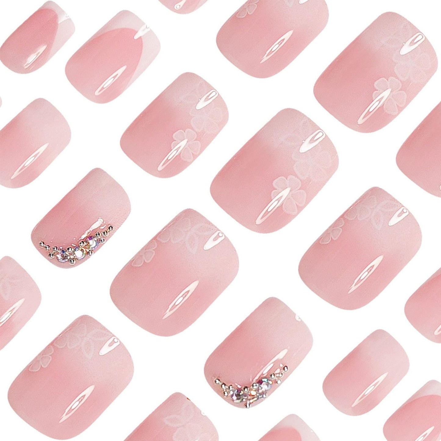 French Tip Press on Nails Short Square Fake Nails with Gradient Rhinestones Flower Designs Nails Press ons Pink White Ombre Glue on Nails Glossy Acrylic Nails Cute Stick on Nails for Women 24Pcs