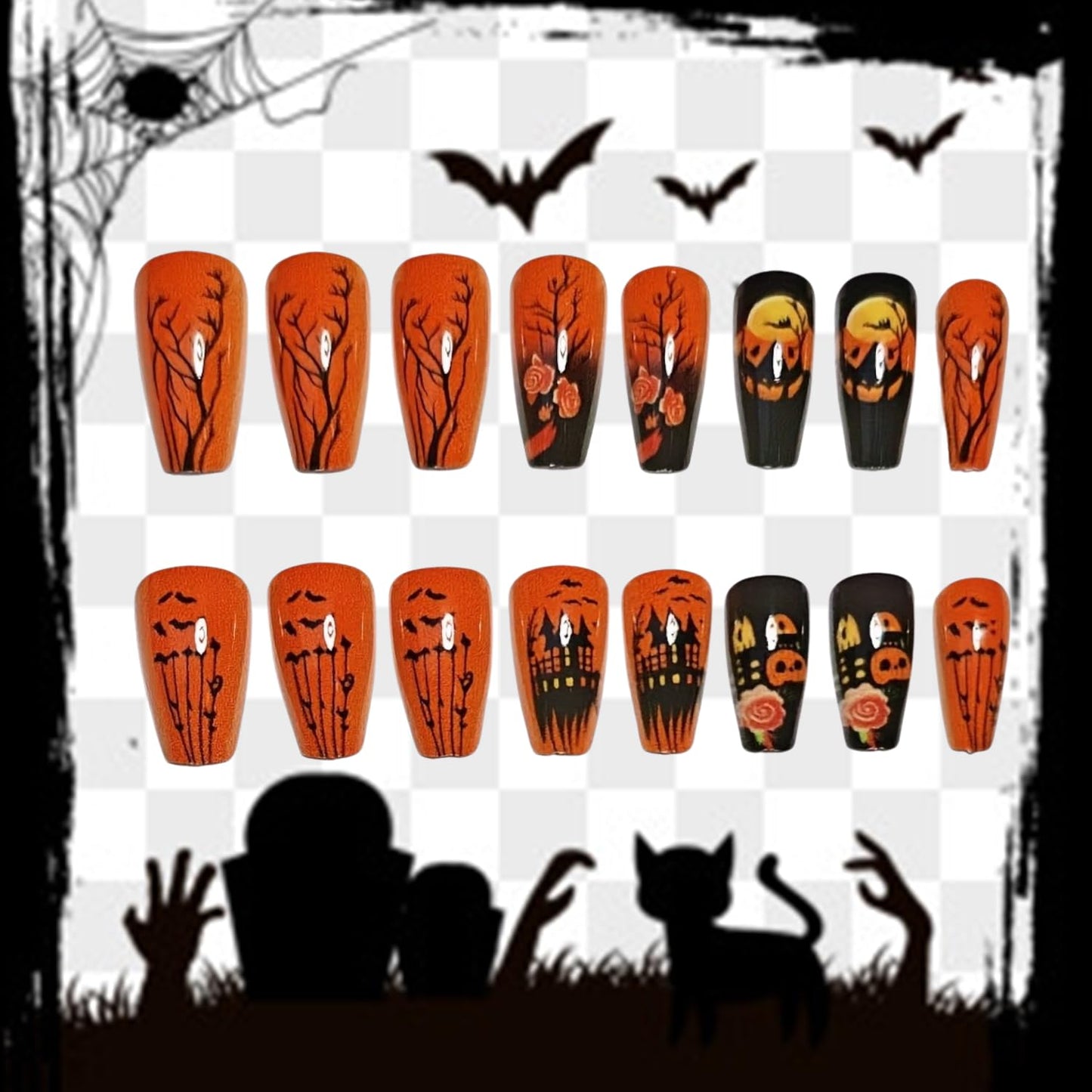 Halloween Press on Nails Long Ballet Shaped Bat Pumpkin False Nails Full Cover Artificial Acrylic Fingernails Castle Flower Design Halloween Nail Glossy Festivla Glue on Nails for Women Supplies