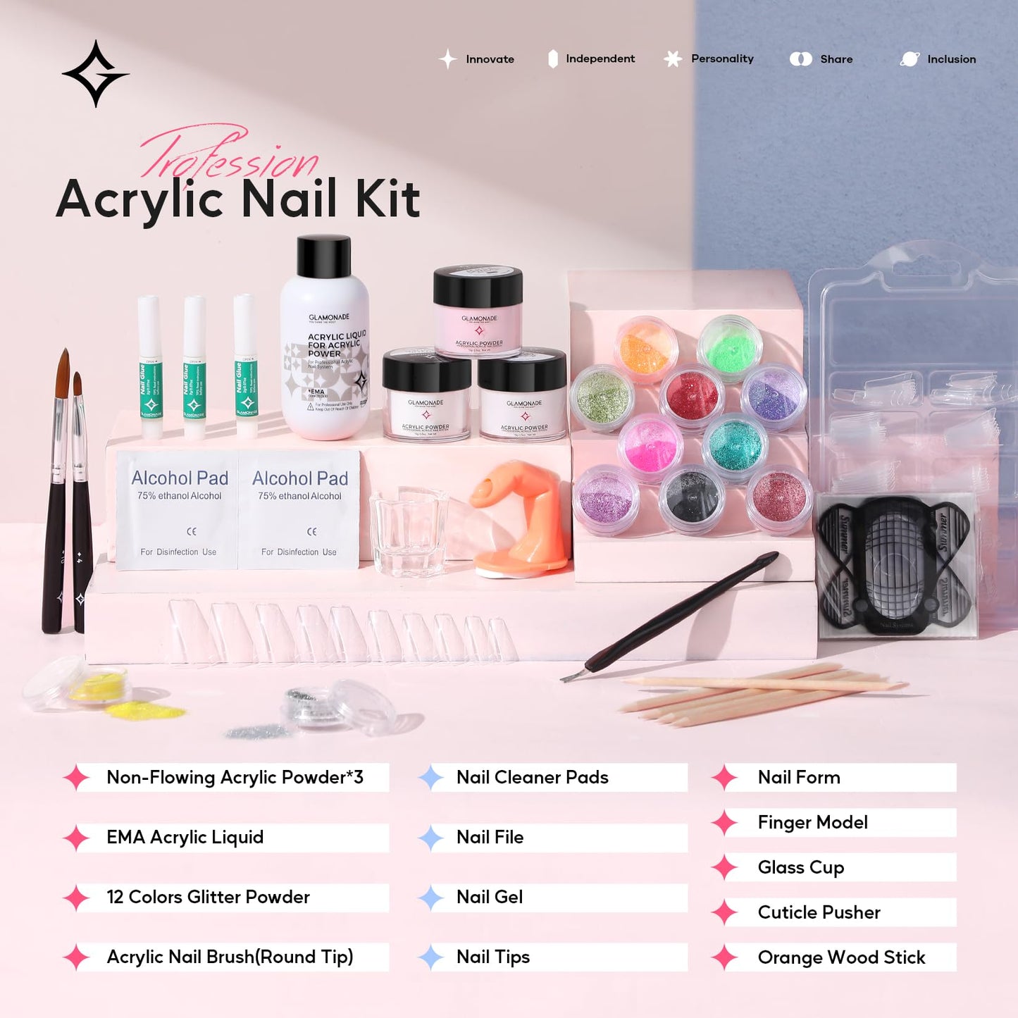 Glamonade Nail Kit Acrylic Set: Professional Nail Kit with everything for Beginners Acrylic Powder Kit Art Tool Women Salon