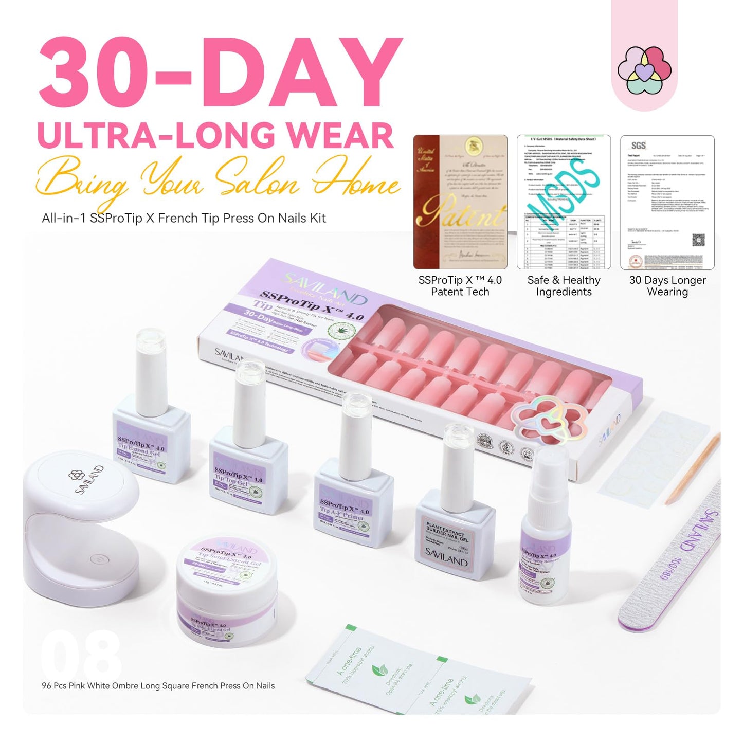 SAVILAND Press On Nails for Women: With Builder Gel for Nails 16 Sizes Long Square French Tip Gel Nail Kit Pink White Ombre U V Nail Glue and Remover Gels Lamp Top Coat and Primer Kit