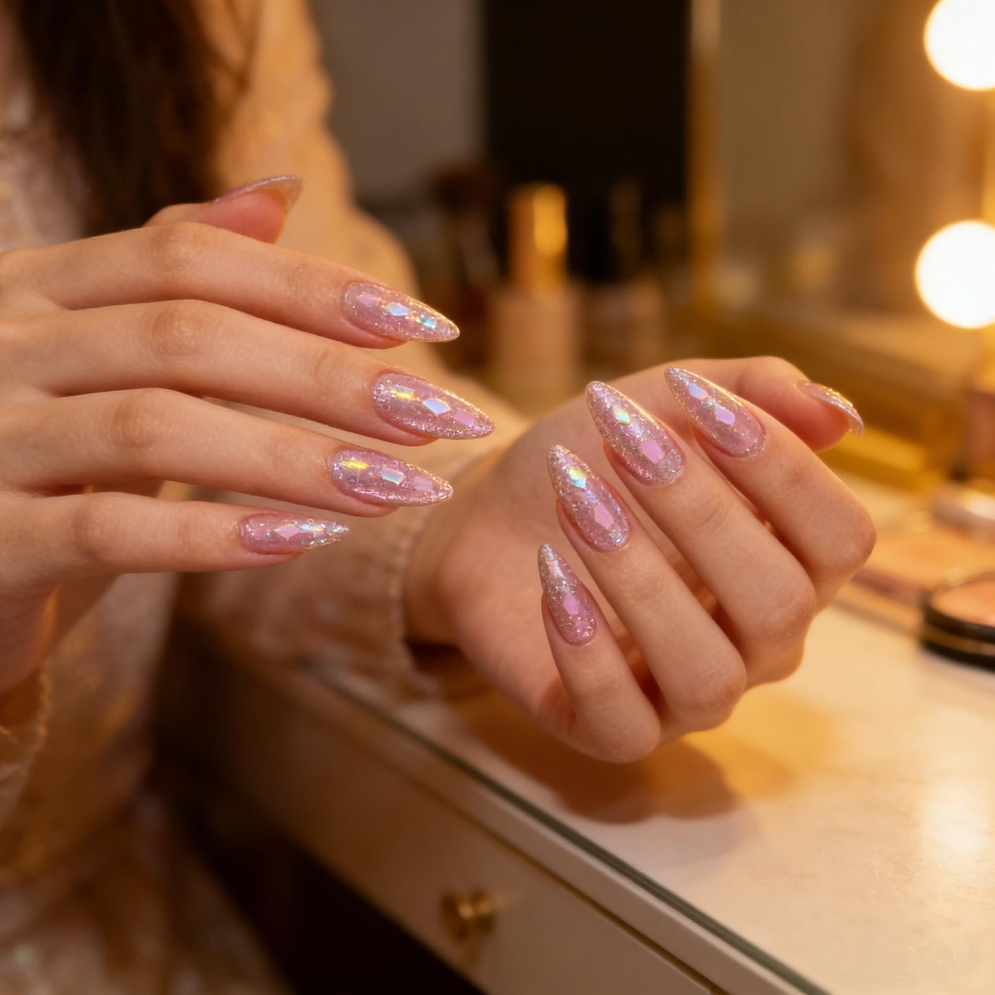 Handmade Press On Nails, Almond Shape Pink Glitter Holographic Checkerboard Fake Nails, Reusable False Nails with Gel Tabs for Women Girls, DIY Manicure for Party Daily Wear M Size