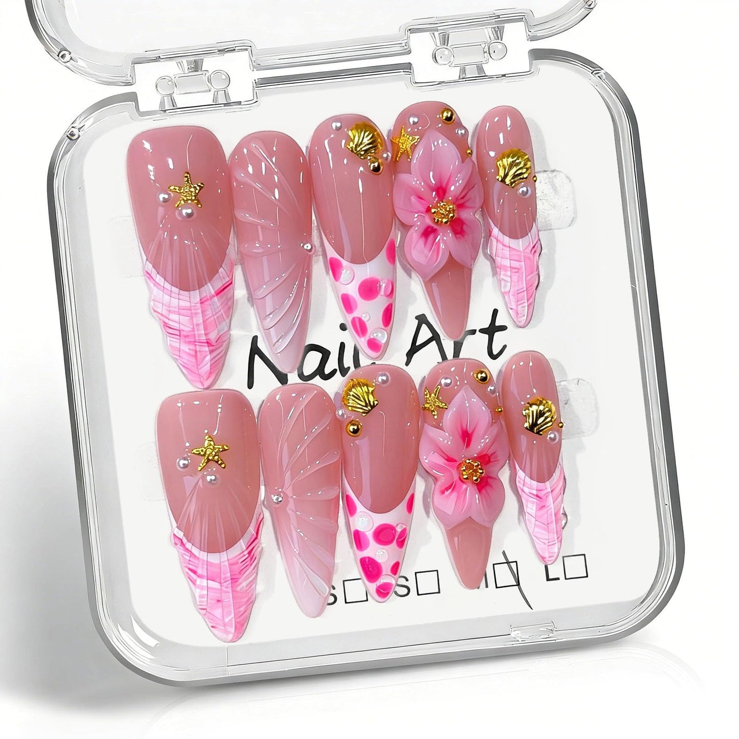 10 Pcs Handmade Press on Nails Long Stilettos Fake Nails with 3D Flowers Star Bell Charms Design Pink White French Tip False Nails Stiletto Press Ons Nails Acrylic for Women Wedding Manicure - M Size