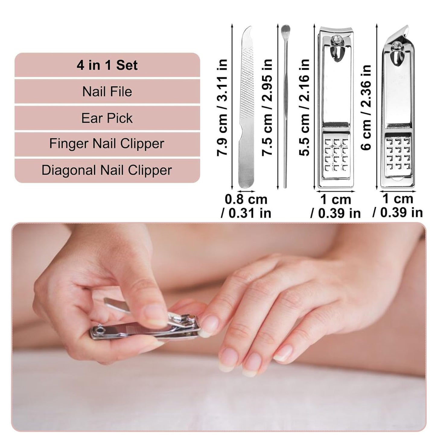 24 Sets Travel Manicure Set Professional Nail Clipper Kit Bulk,4 in 1 Adult Stainless Steel Travel Manicure Kit with Case Individually Wrapped Nail Clippers Bulk for Homeless,Hotel,Charity（Pink）