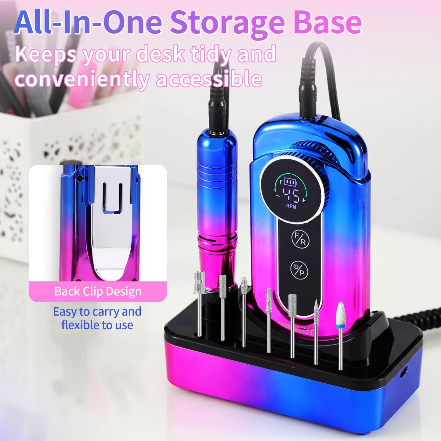 Electric Nail Drill Professional - 45000 RPM Cordless Nail Drill with Rechargeable Stand, Electric Nail File with Nail Lamp, Portable Nail Drills for Acrylic Gel Polishing Removing, Home & Salon Use