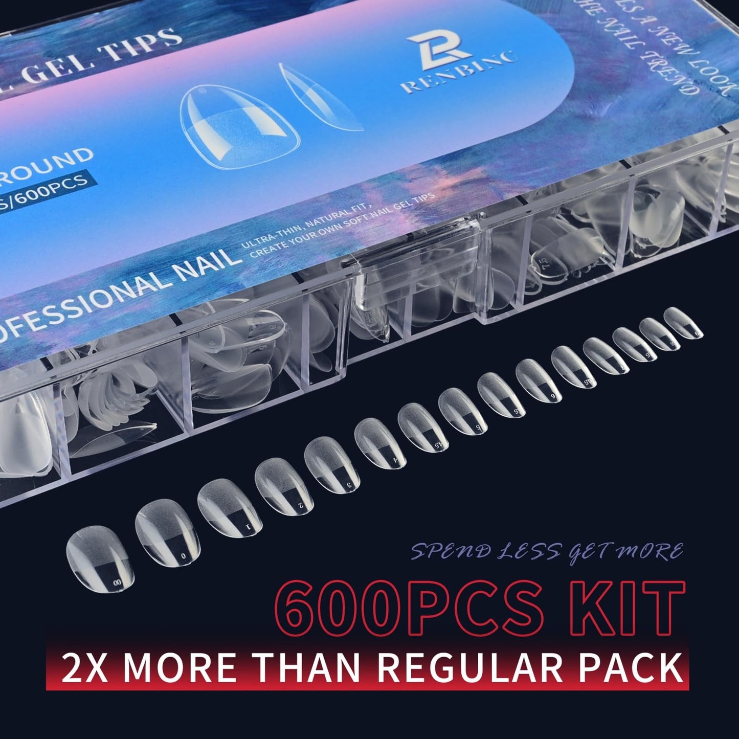 RENBING Gel Nail Tips Short Round,600pcs Fake Nails,15 Sizes Acrylic Nail Tips,Half Matte Press on Nail Tips,Full Cover Clear False Nails Gifts for Women Create Salon Nail Art at Home