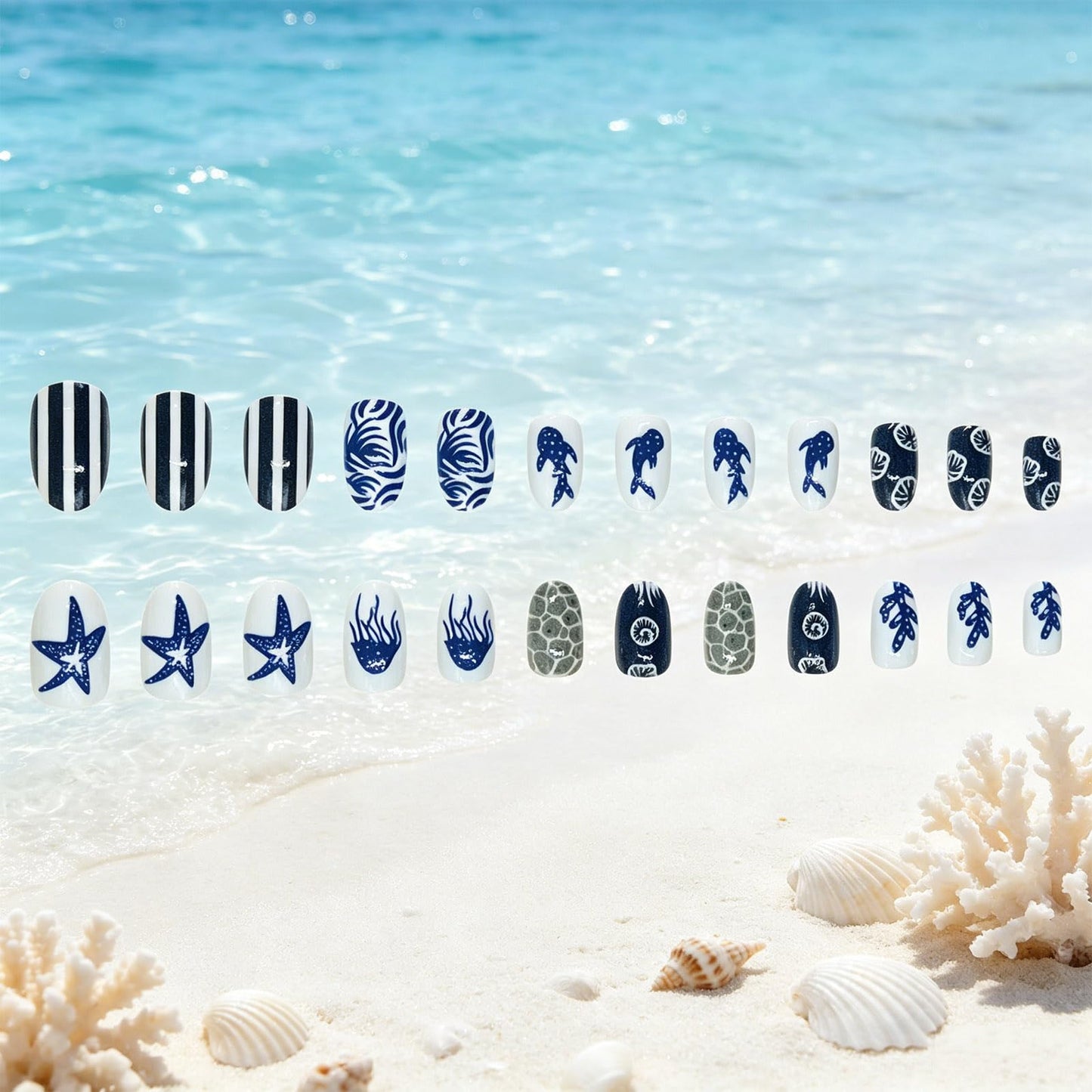 Ocean Themed Press on Nails Medium Almond, Whale False Nails, Glossy Blue Stripe Fake Nail Starfish Glue on Nail, Jellyfish Stick on Reusable Acrylic Fingernails for Women Summer Beach Daily Wear